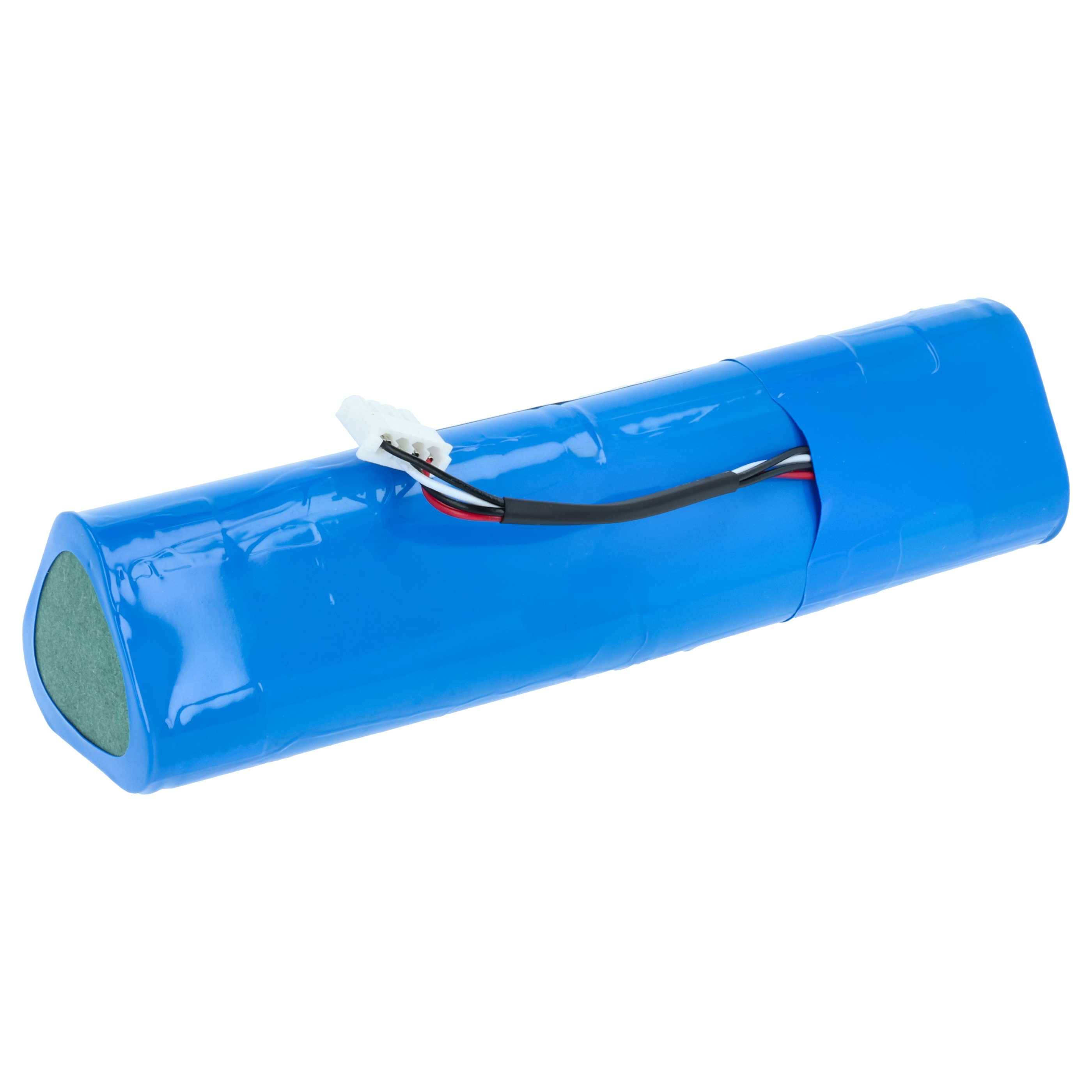 Ein blauer zylindrischer Batteriepack mit angebrachtem Stecker und Drähten auf weißem Hintergrund.