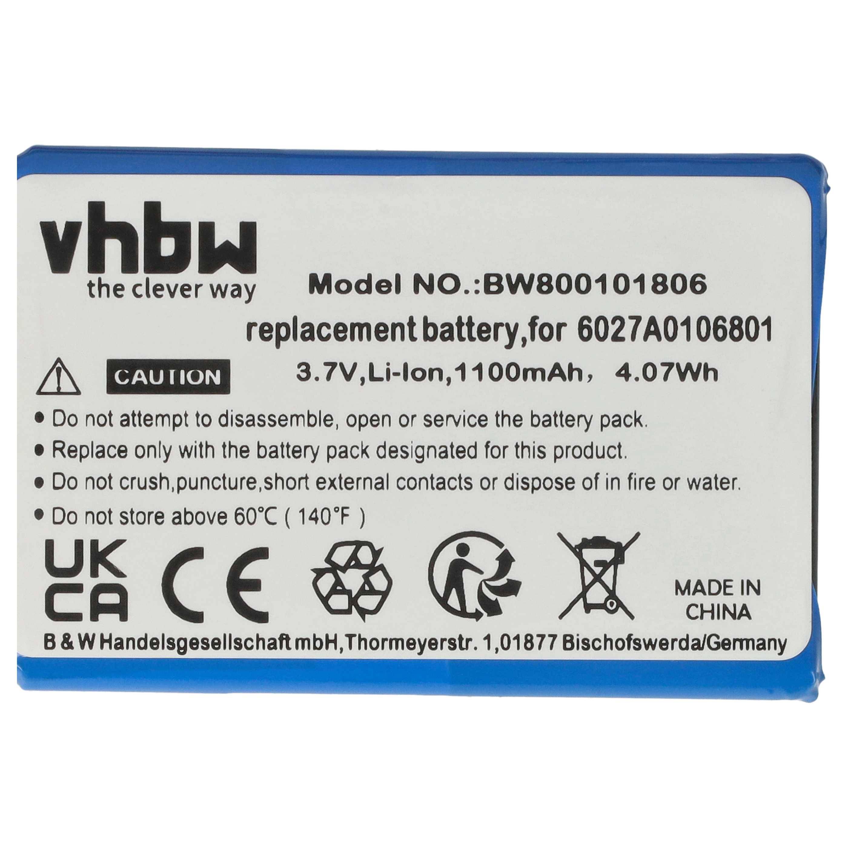 vhbw' Ersatzbatterie, Modellnummer: BW800101806, für 6027A0106801. Spezifikationen: 3,7V, Li-Ion, 1100mAh, 4,07Wh. Hergestellt in China.