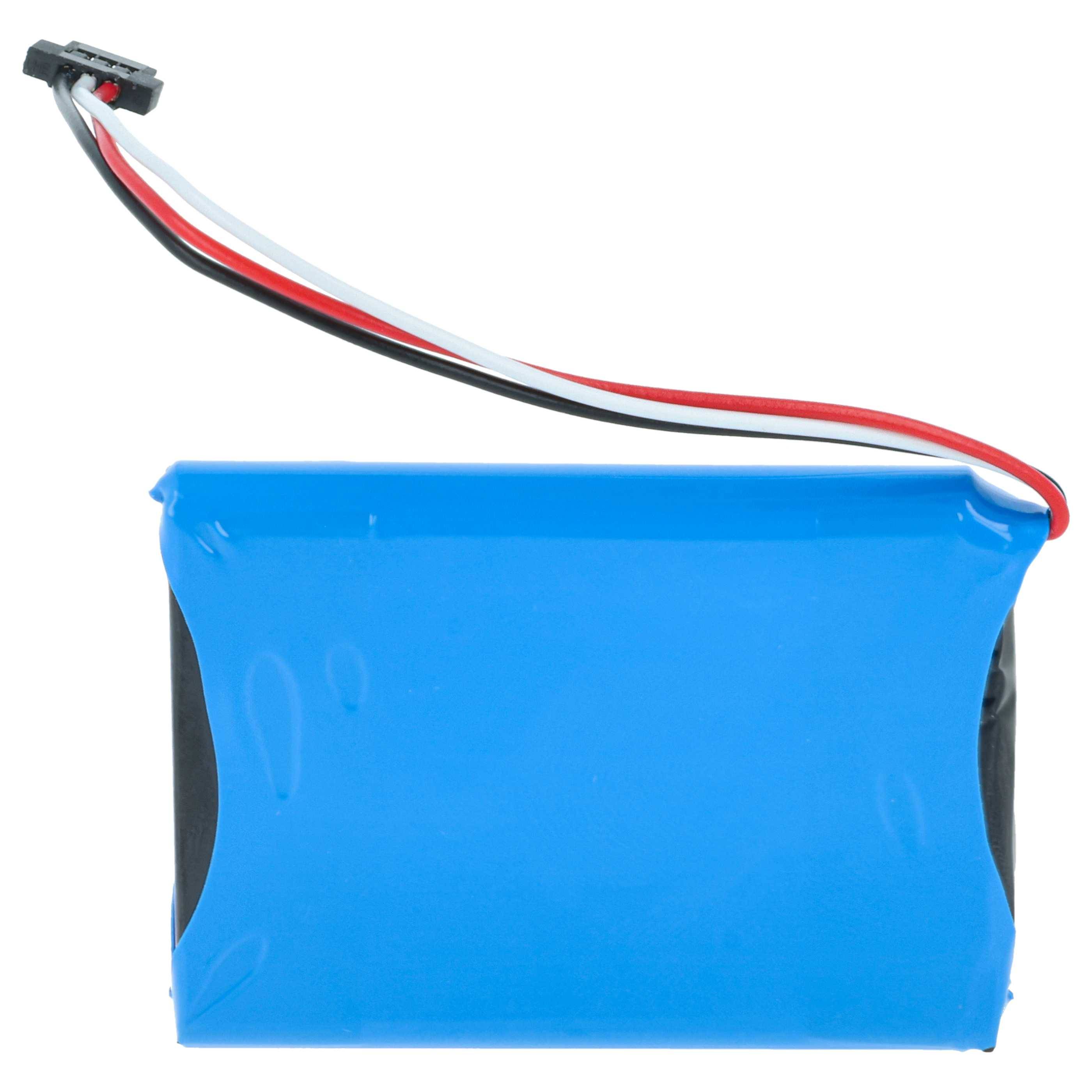 Ein blauer rechteckiger Lithium-Ionen-Akkupack mit roten, schwarzen und weißen Kabeln, die von oben herausragen, zum Stromversorgung elektronischer Geräte.