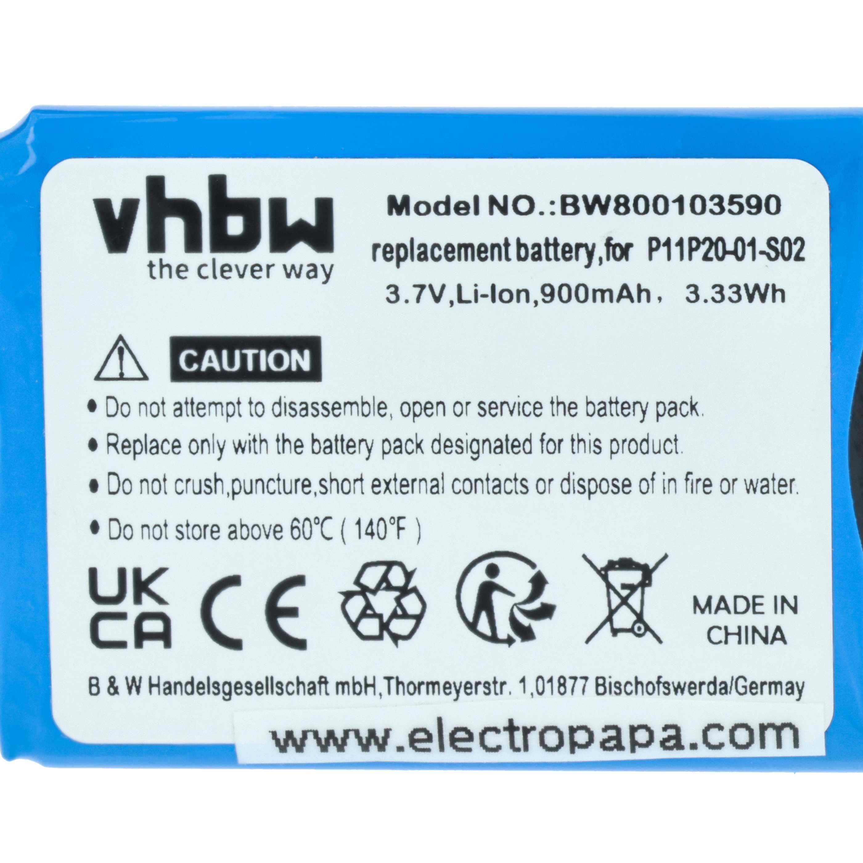 vhbw Ersatzakku, Modell BW800103590, für P11P20-01-S02. 7,3V, Li-Ion, 900mAh, 2,31Wh. Warnhinweise: Nicht zerlegen, durchstechen oder Hitze aussetzen. Hergestellt in China.