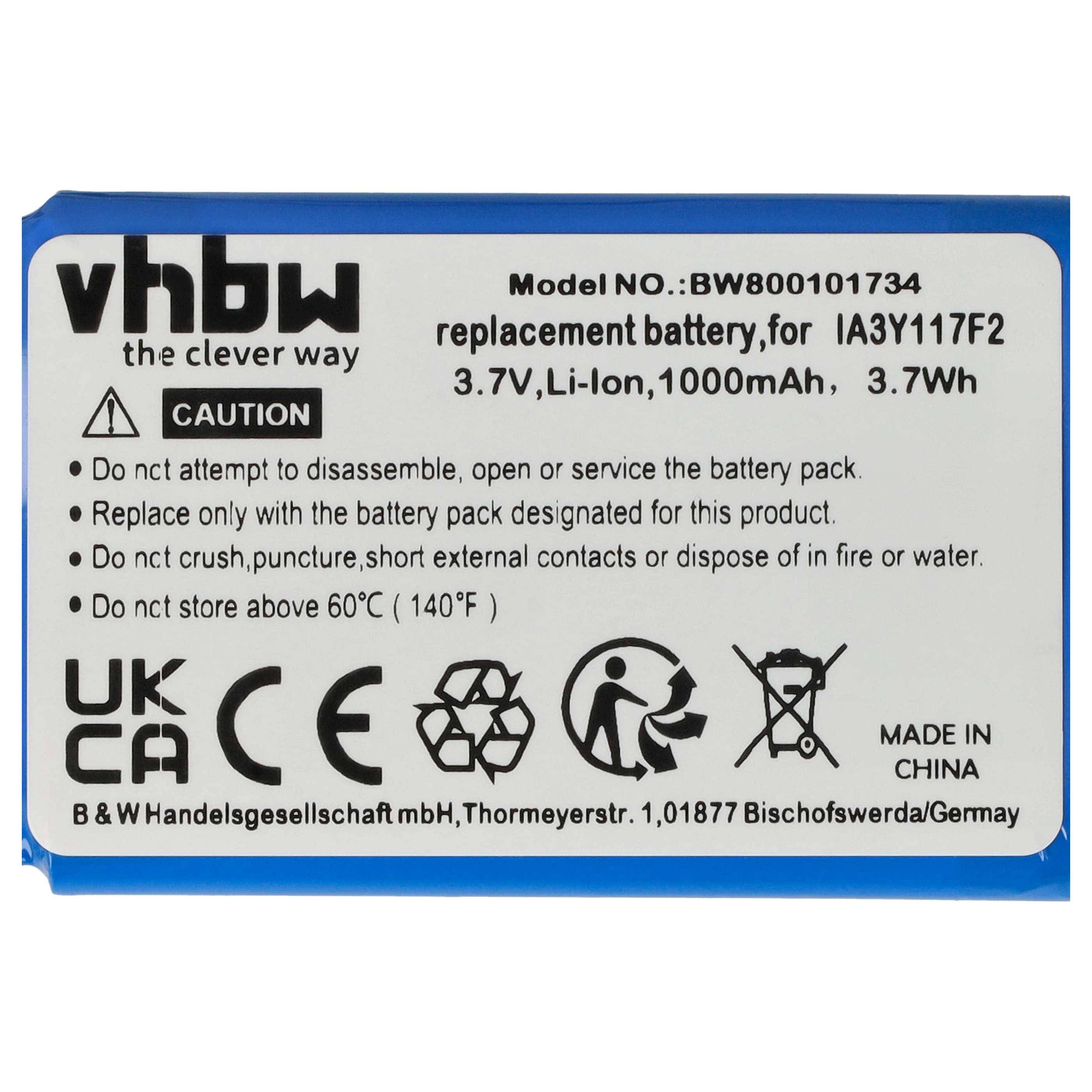 Batteriebezeichnung mit Modell BW800101734, 3,7V, Li-Ion, 1000mAh, 3,7Wh. Enthält Sicherheitsanweisungen und Herstellerangaben aus Deutschland.