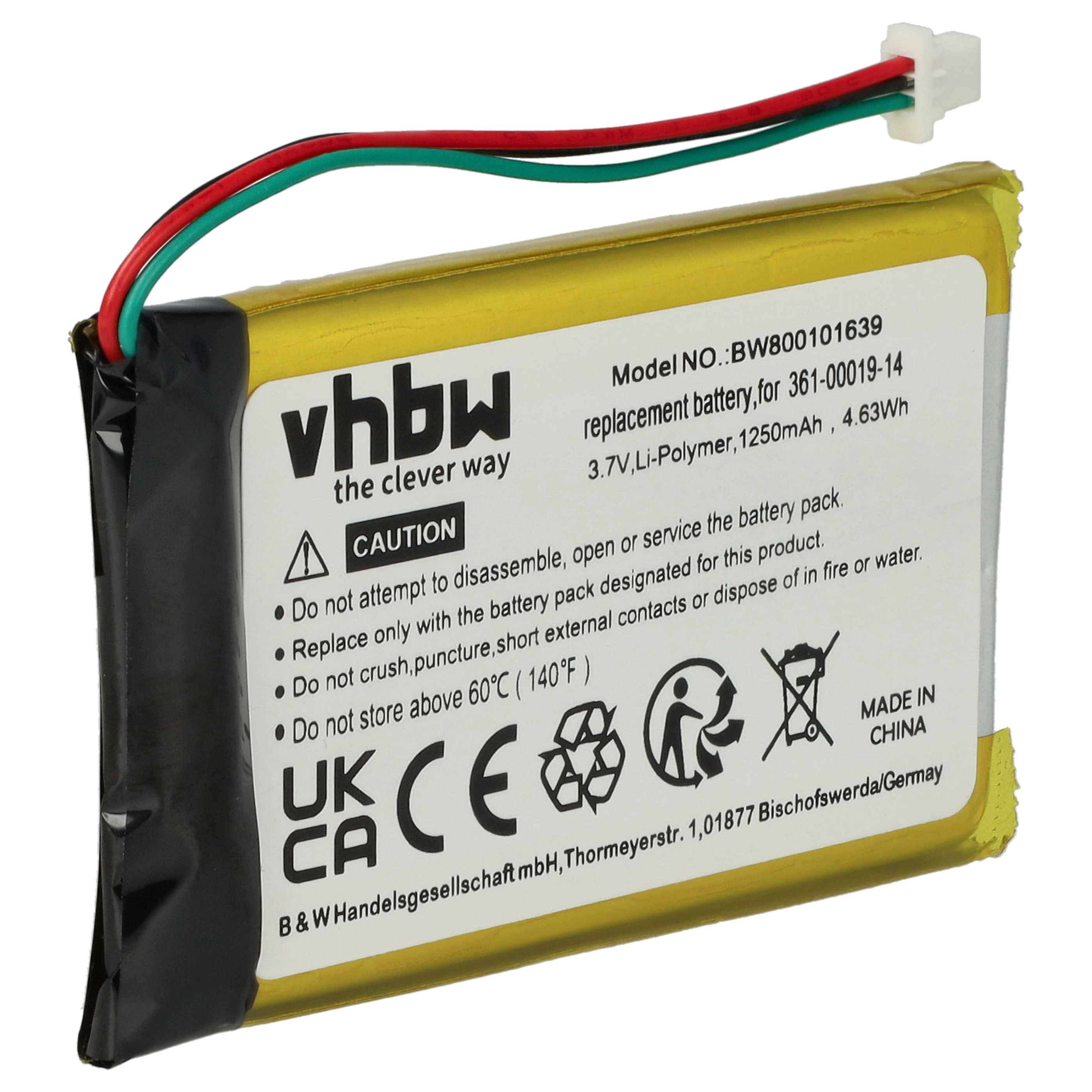 Ein rechteckiges, gelbes Lithium-Polymer-Akku mit Drähten und einem Etikett, das die Modellnummer BW800101639, 3,7V, 1250mAh, 4,63Wh anzeigt.