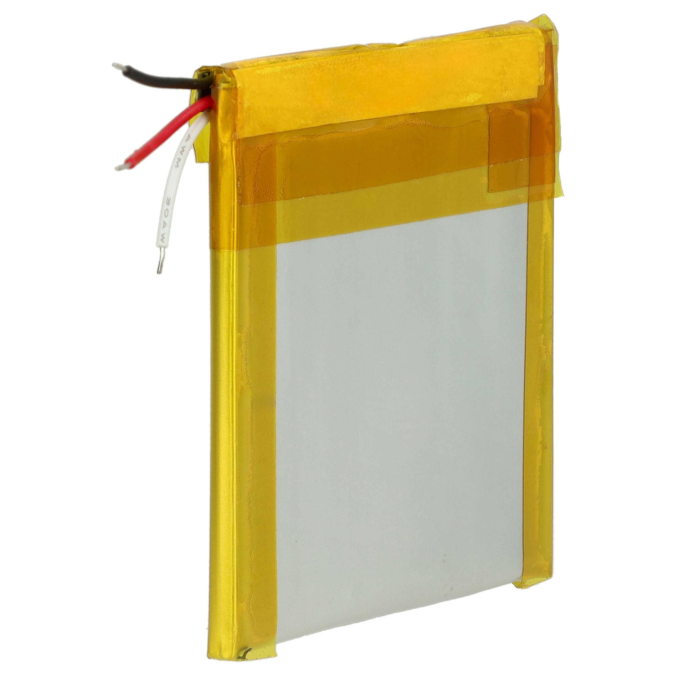 Ein rechteckiger Lithium-Polymer-Akku mit gelbem Schutzbelag und zwei Drähten, ein roter und ein schwarzer, die von seiner oberen Kante ausgehen.