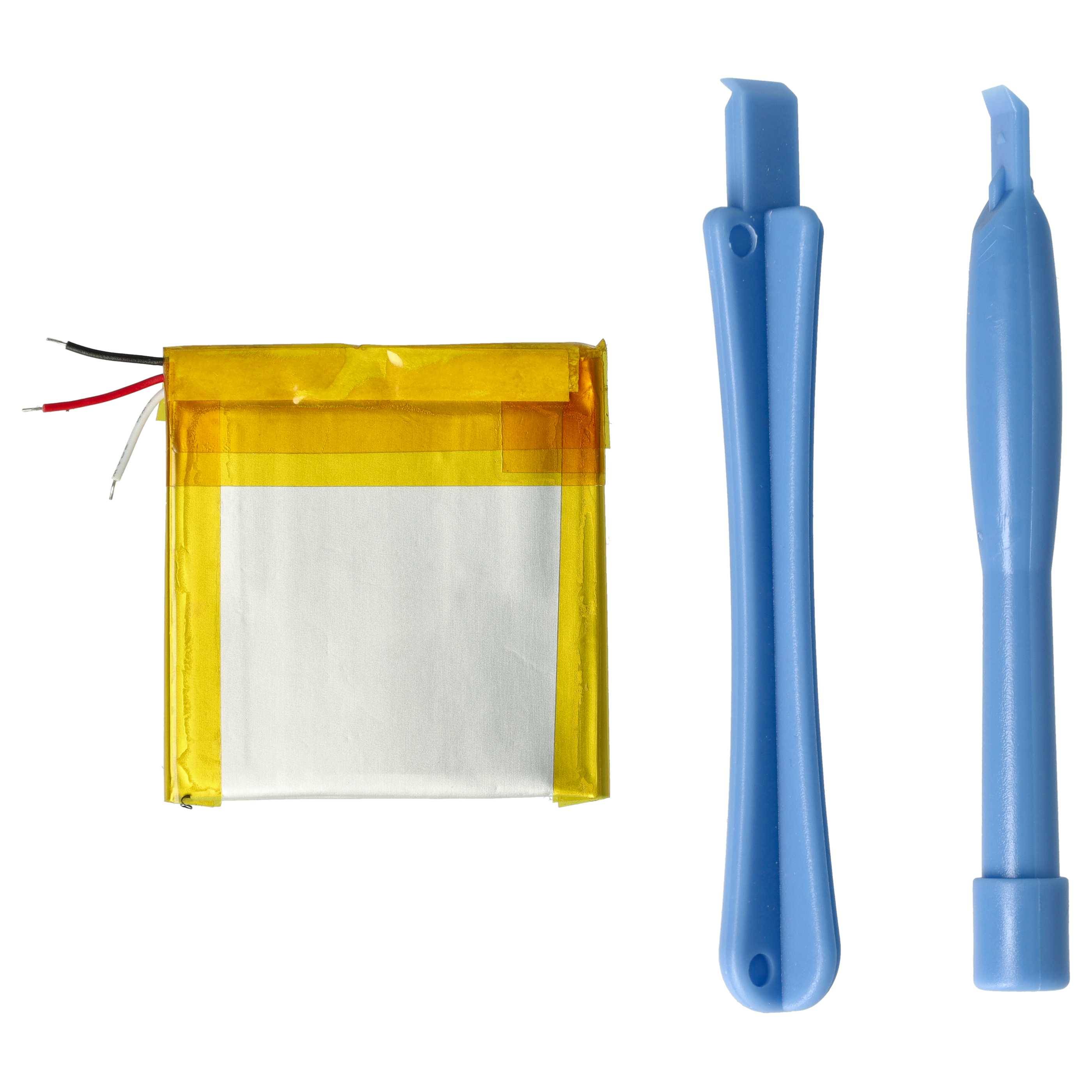 Lithium-Polymer-Akkupack mit zwei blauen Kunststoff-Öffnungswerkzeugen auf weißem Hintergrund.