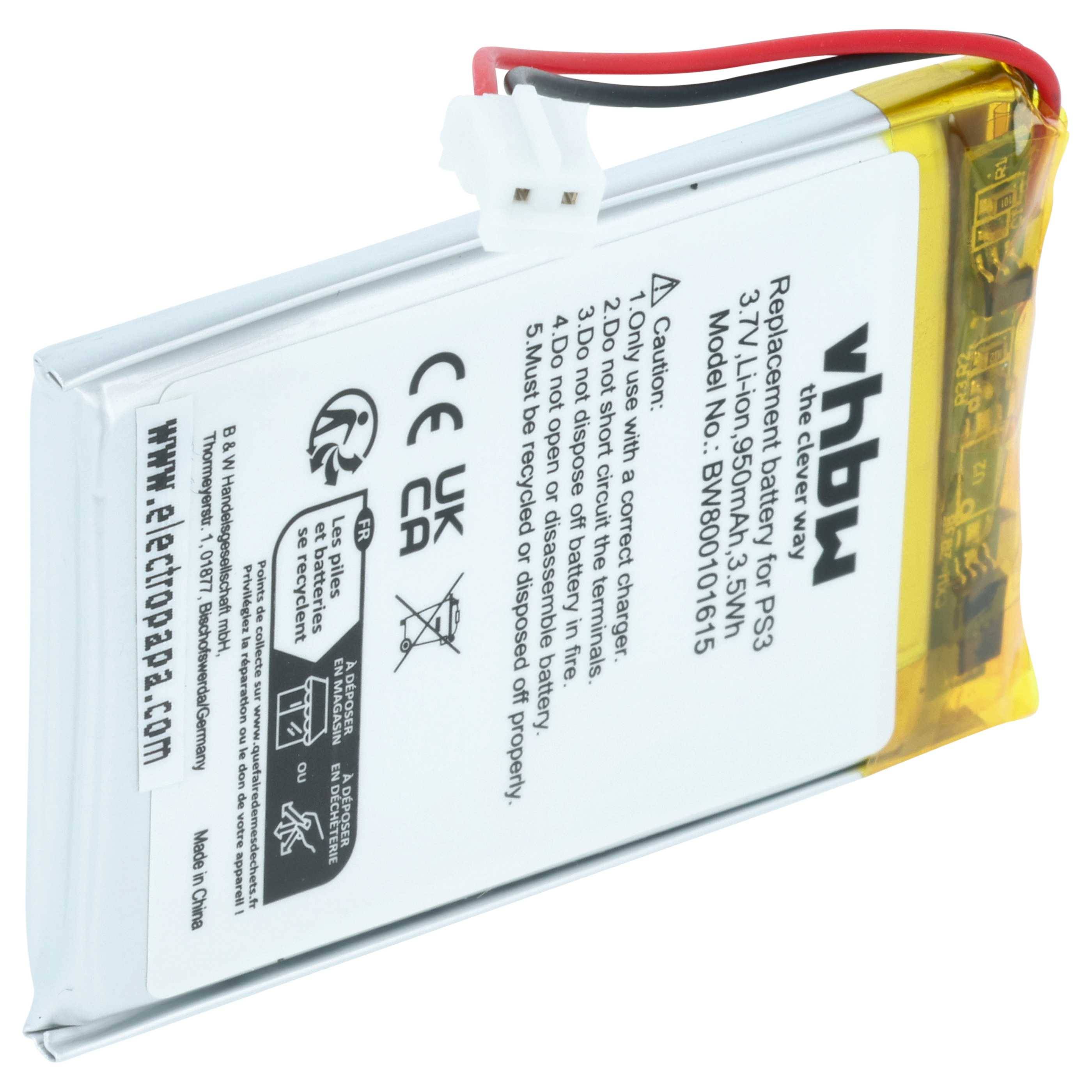 Eine wiederaufladbare Lithium-Ionen-Batterie mit Sicherheitshinweisen und Zertifizierungslogos. Die Etikette enthält den Aufdruck 'Ersatz für PS3' und die Modellnummer.