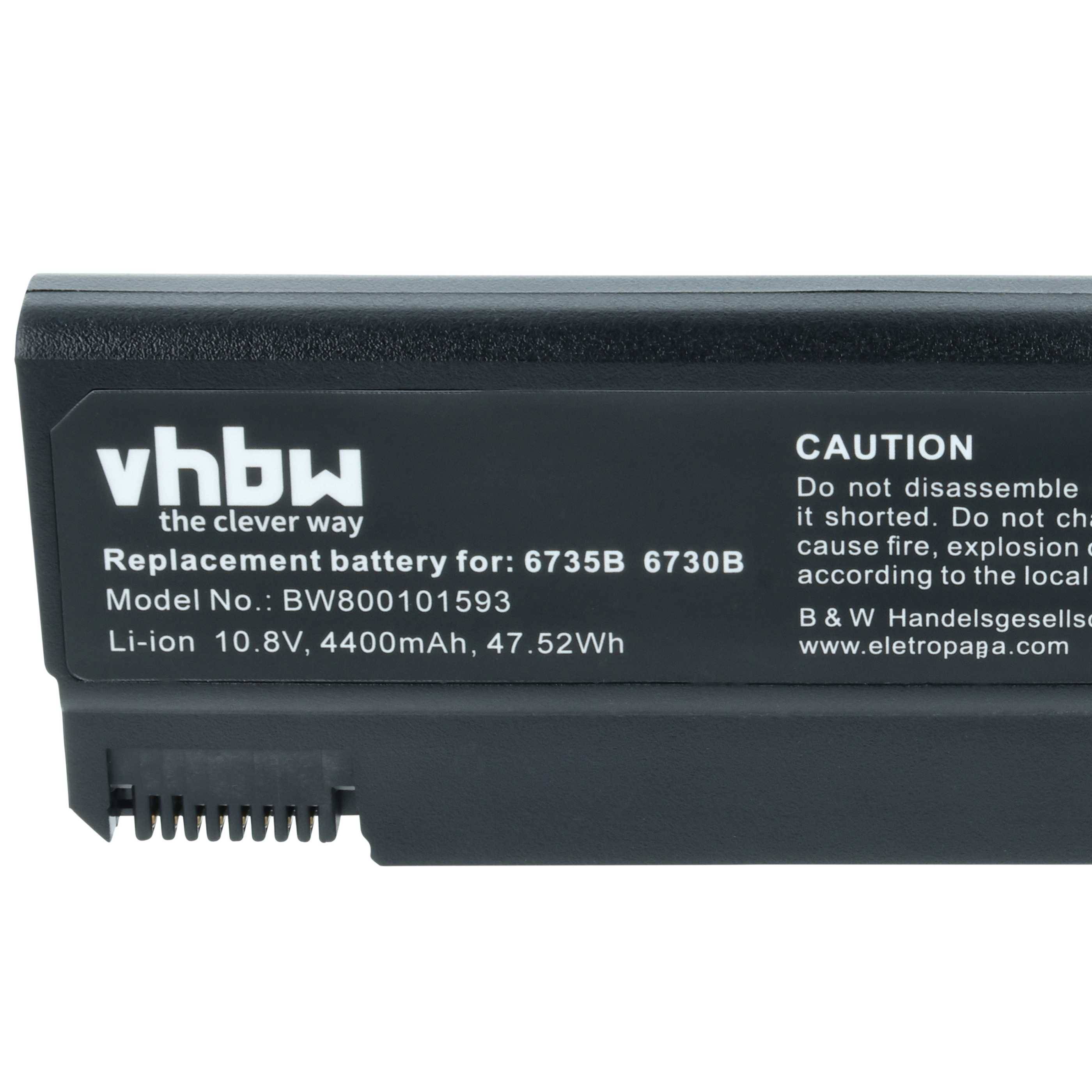 vhbw Akku. Modell: BW800105193. Li-Ion, 10,8V, 4400mAh, 47,52Wh. Für 6735B, 6730B. Vorsicht: Nicht auseinandernehmen, zerquetschen oder durchstechen.