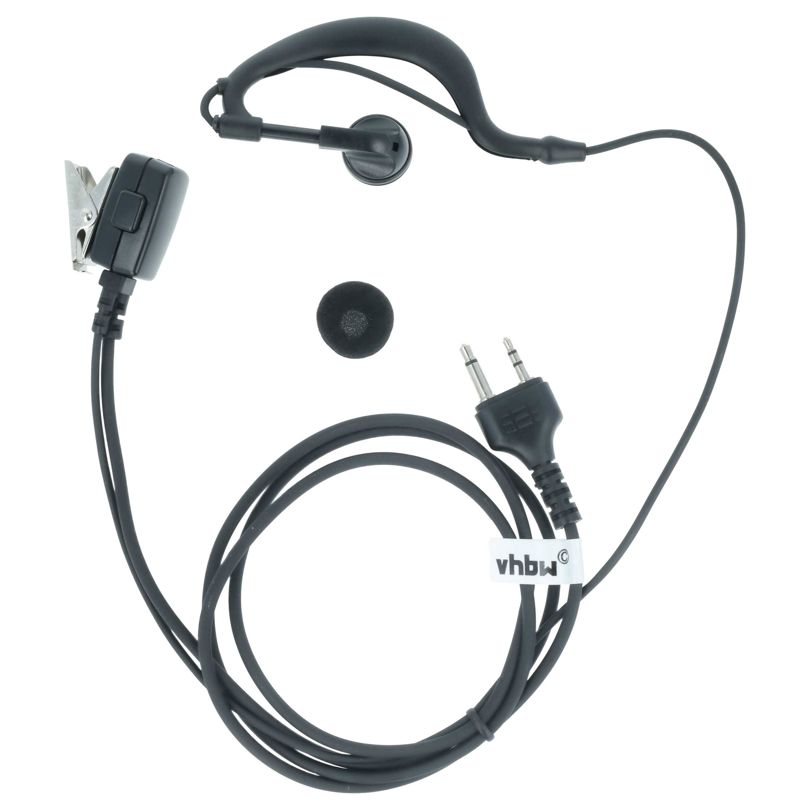 Headset mit Mikrofon und einem 3,5-mm-Zwei-Stecker-Anschluss, ausgestattet mit einer Ohrbügel und einem abnehmbaren Ohrhörer, verwendet für Kommunikationsgeräte.