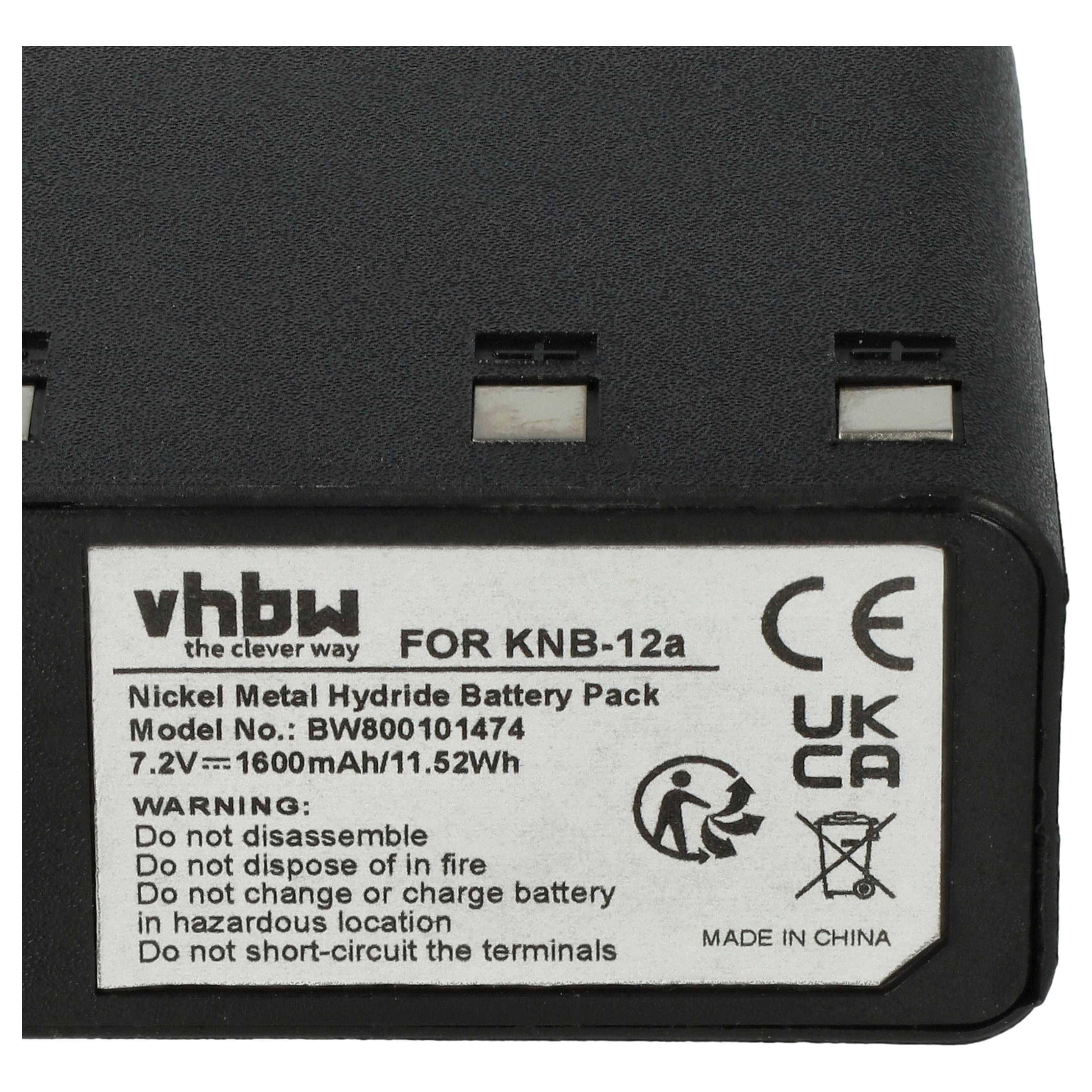 Etikett auf einem schwarzen vhbw Nickel-Metallhydrid-Akkupack mit Modellnummer BW800104147, 7,2V, 1600mAh. Warnhinweise beinhalten Verbot des Auseinanderbaus, Entsorgung im Feuer und Laden an gefährlichen Orten. Hergestellt in China.