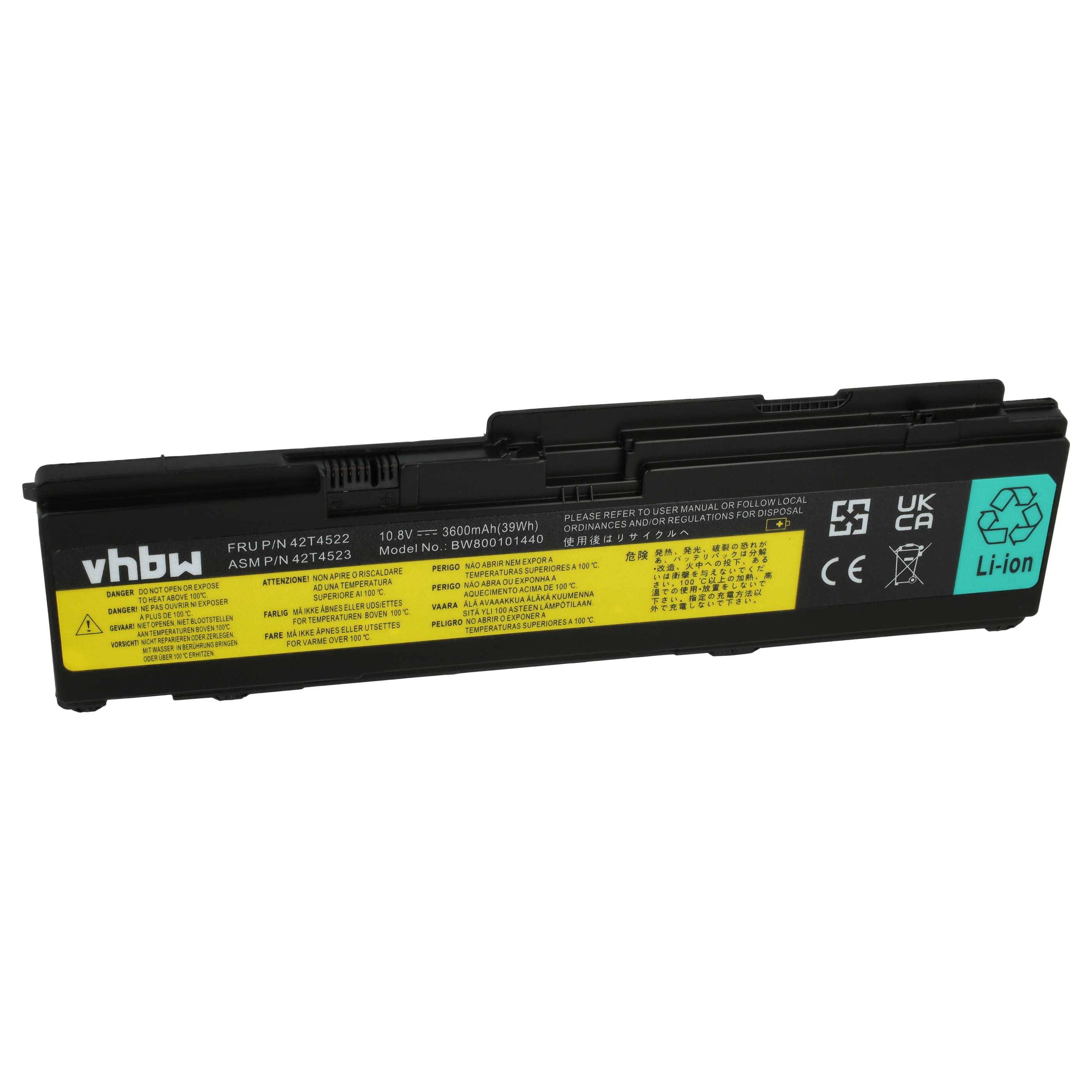 vhbw Akku Ersatz für IBM Lenovo 43R1965, 43R1967, ASM 42T4519, ASM 42T4523, FRU 42T4518 für Notebook (3600 mAh, 10,8 V, Li-Ion)