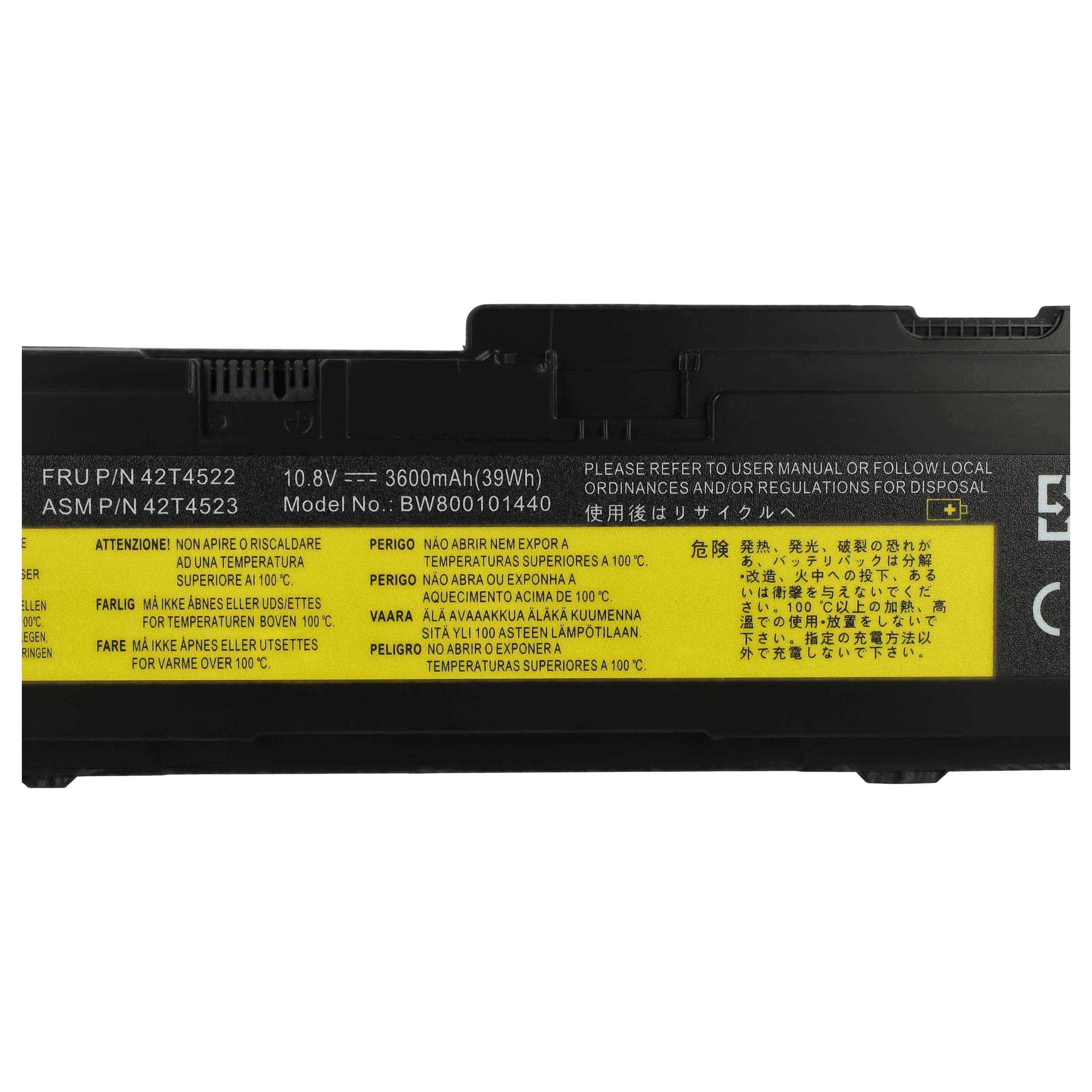 vhbw Akku Ersatz für IBM Lenovo 43R1965, 43R1967, ASM 42T4519, ASM 42T4523, FRU 42T4518 für Notebook (3600 mAh, 10,8 V, Li-Ion)