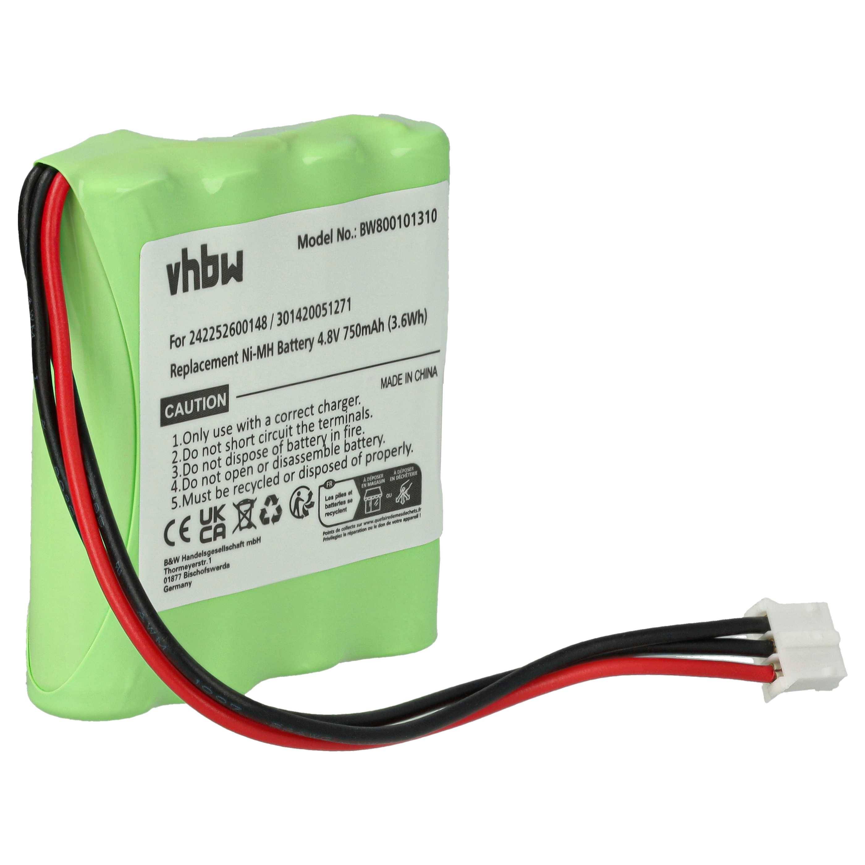 Grüner aufladbarer Akkupack mit Etikett, auf dem die Marke 'vhbw' steht, Modellnummer BW80010310, 4,8V, 750mAh, mit Warnhinweisen.
