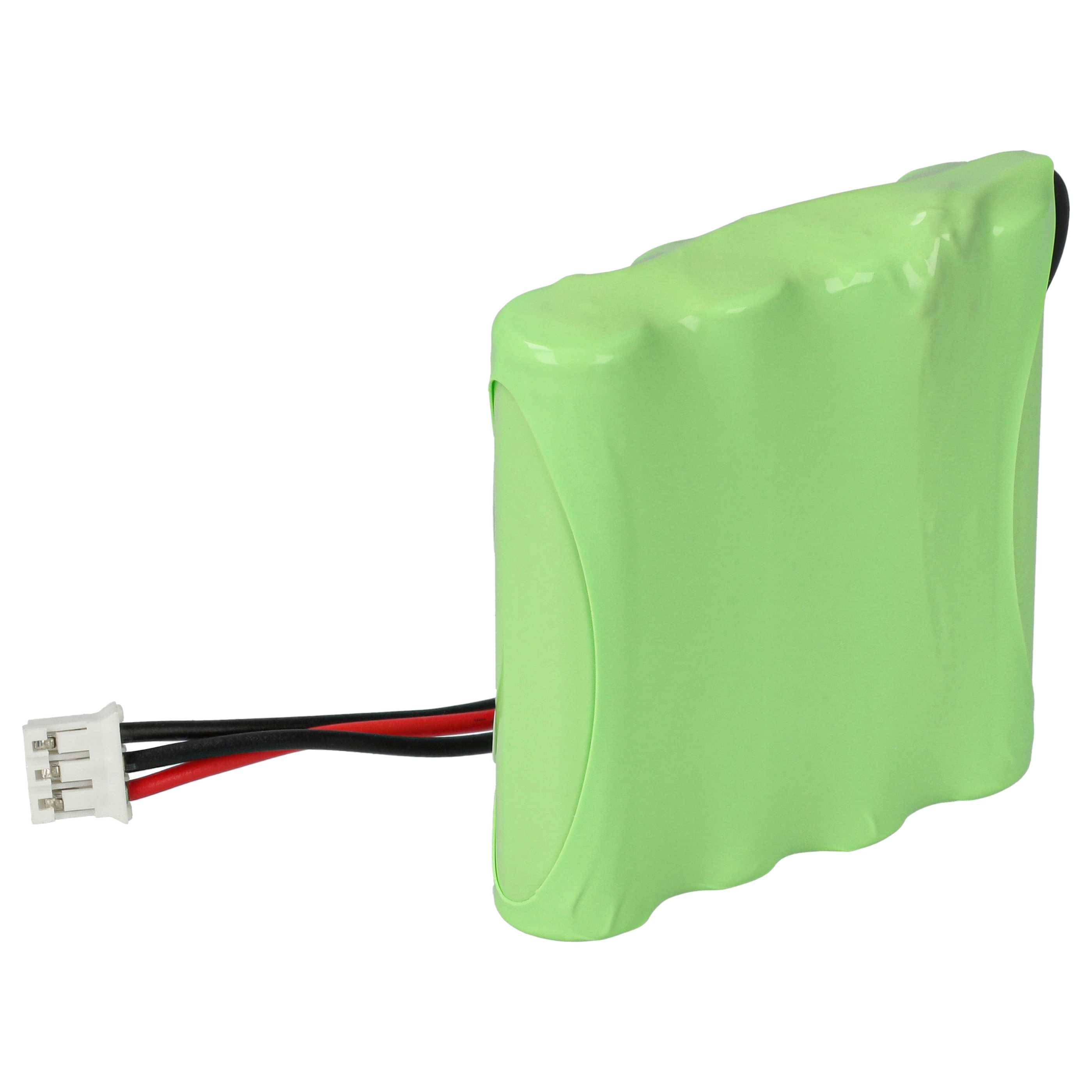 Ein grüner Akkupack mit einem schwarzen und einem roten Kabel und einem weißen Anschluss, der zur Stromversorgung elektronischer Geräte verwendet wird.