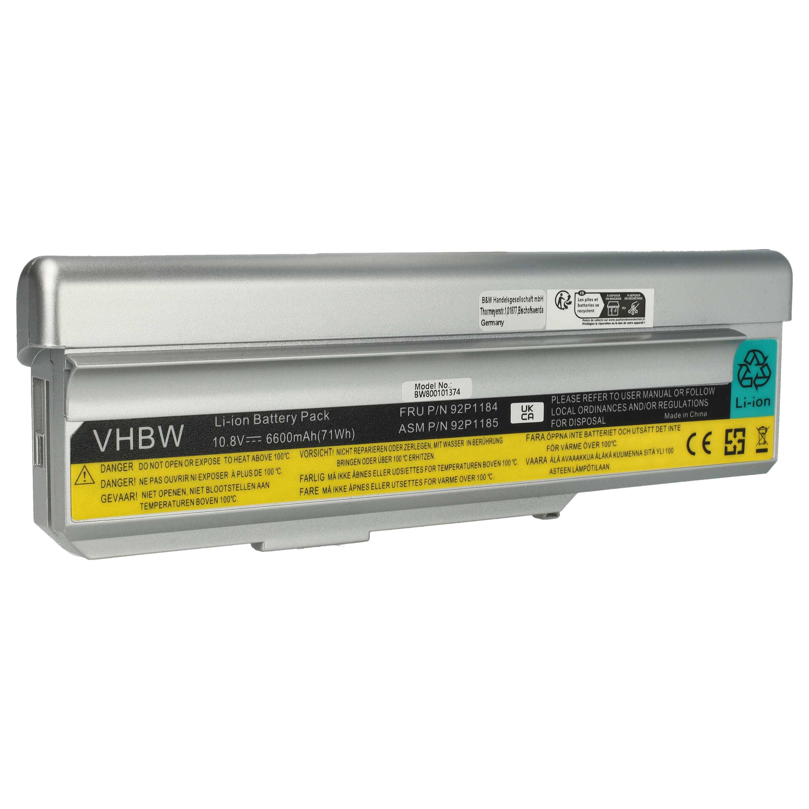 vhbw Akku Ersatz für Lenovo FRU 92P1183, FRU 92P1184, FRU 92P1186 für Notebook (6600 mAh, 10,8 V, Li-Ion)