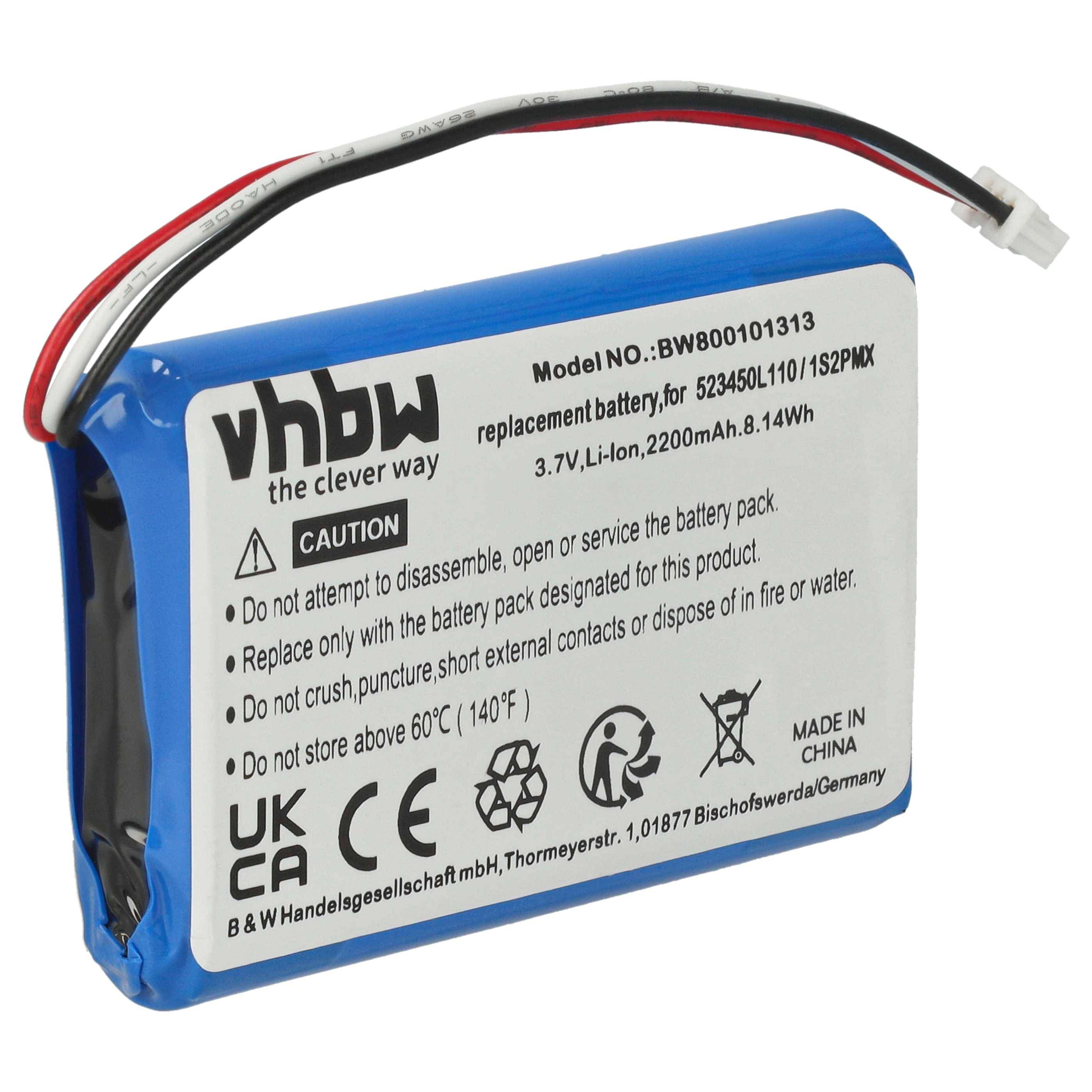 Ein blauer rechteckiger Akku-Pack mit der Aufschrift „vhbw