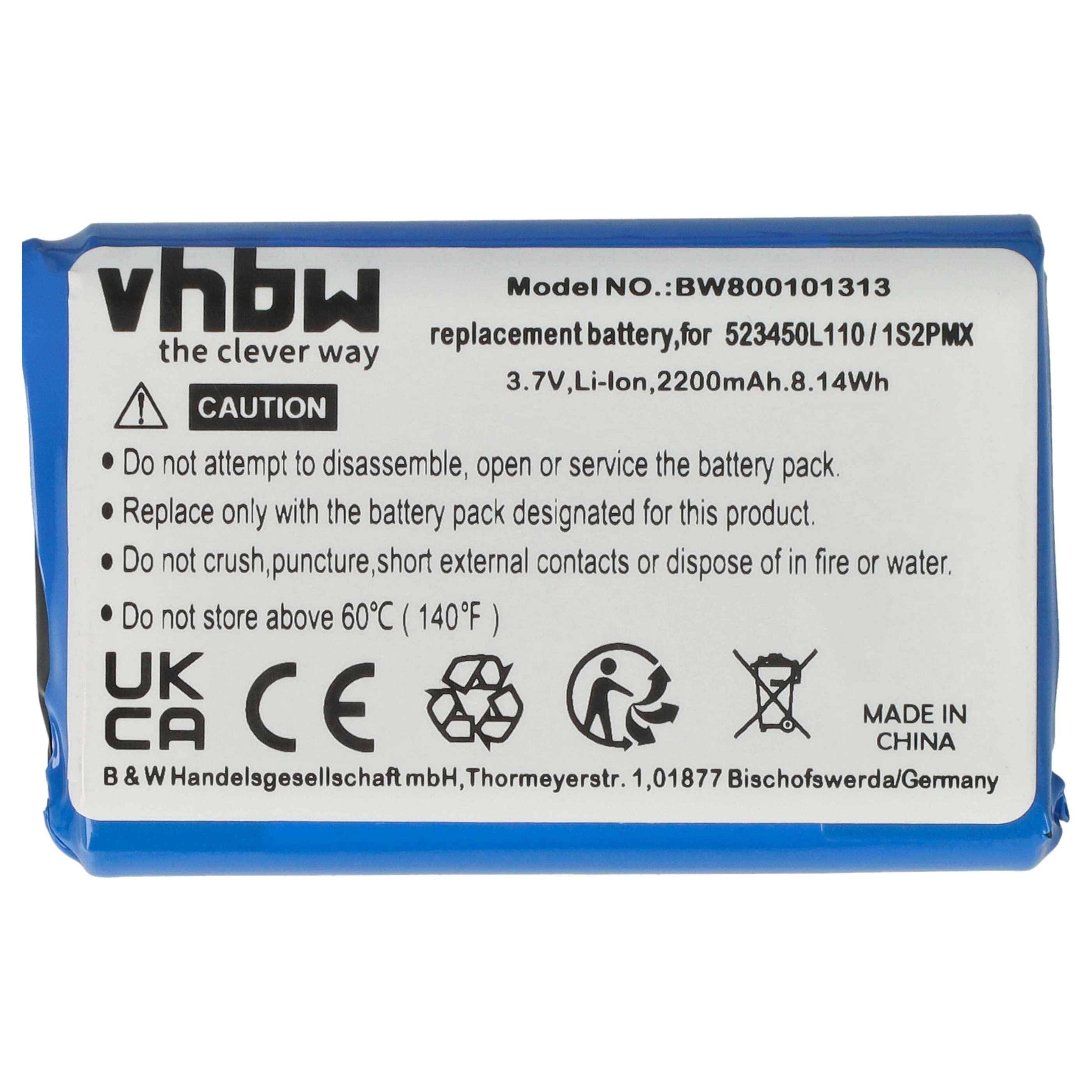 Ersatz-Lithium-Ionen-Batteriepack mit Modellnummer BW00101313. Die Anleitung enthält Anweisungen, die das Auseinandernehmen, Zerquetschen oder Aussetzen gegenüber Feuer untersagen.