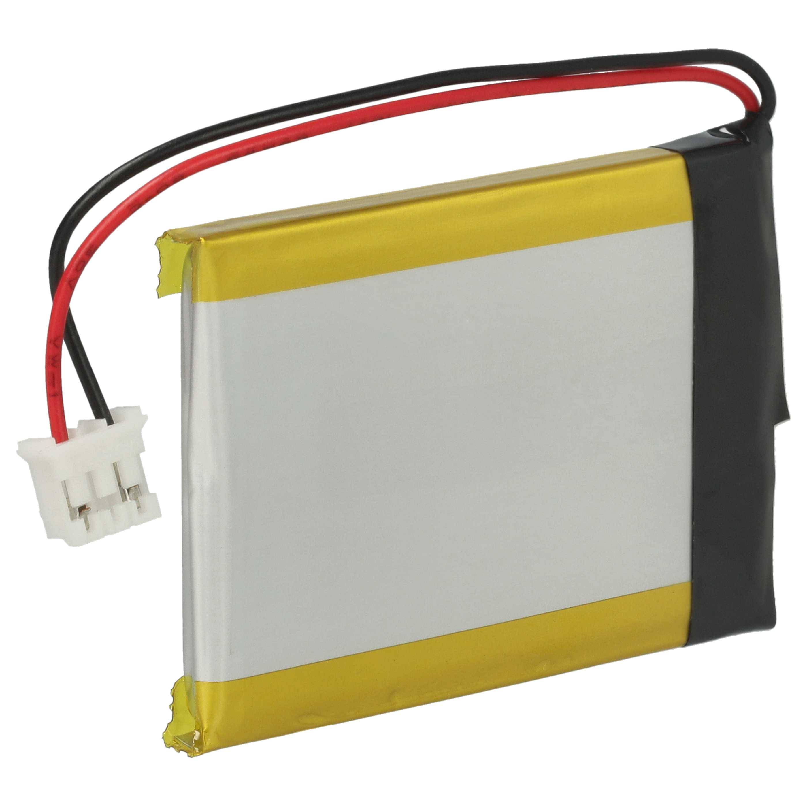 Eine rechteckige Lithium-Polymer-Batterie mit gelber und weißer Gehäuse, ausgestattet mit zwei schwarzen und roten Kabeln, die an einen weißen Anschluss angeschlossen sind.
