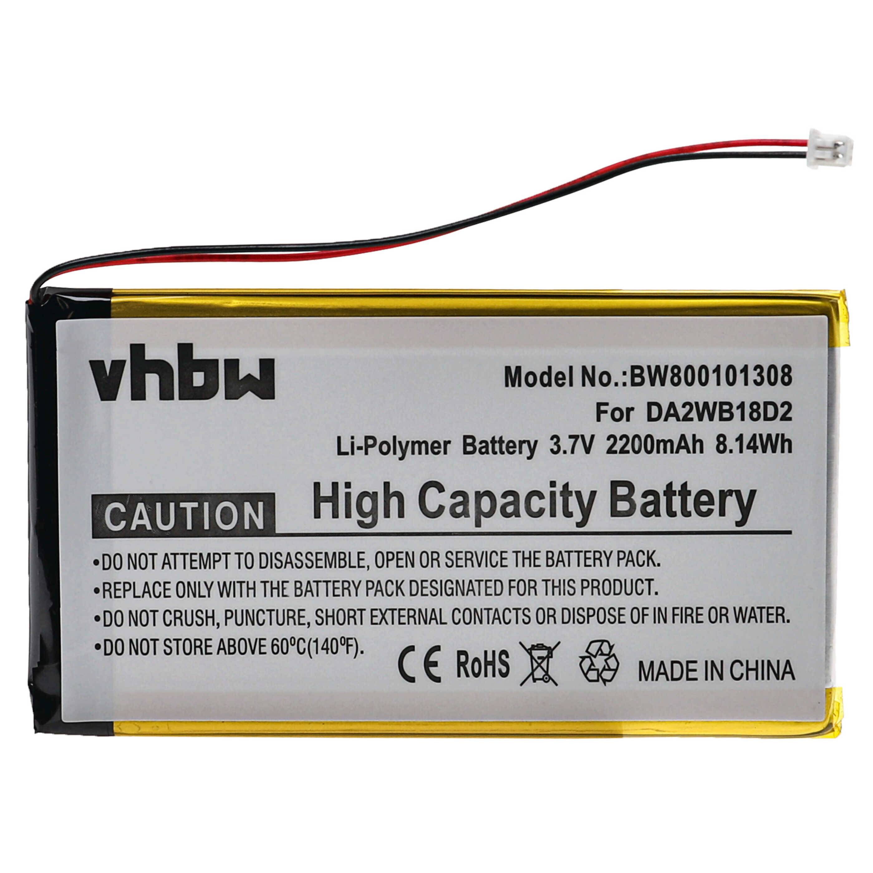 Wiederaufladbare Li-Polymer-Batterie für DA2WB18D2, 3,7V 2200mAh 8,14Wh. Warnung: Nicht zerlegen, öffnen oder kurzschließen. Hergestellt in China.