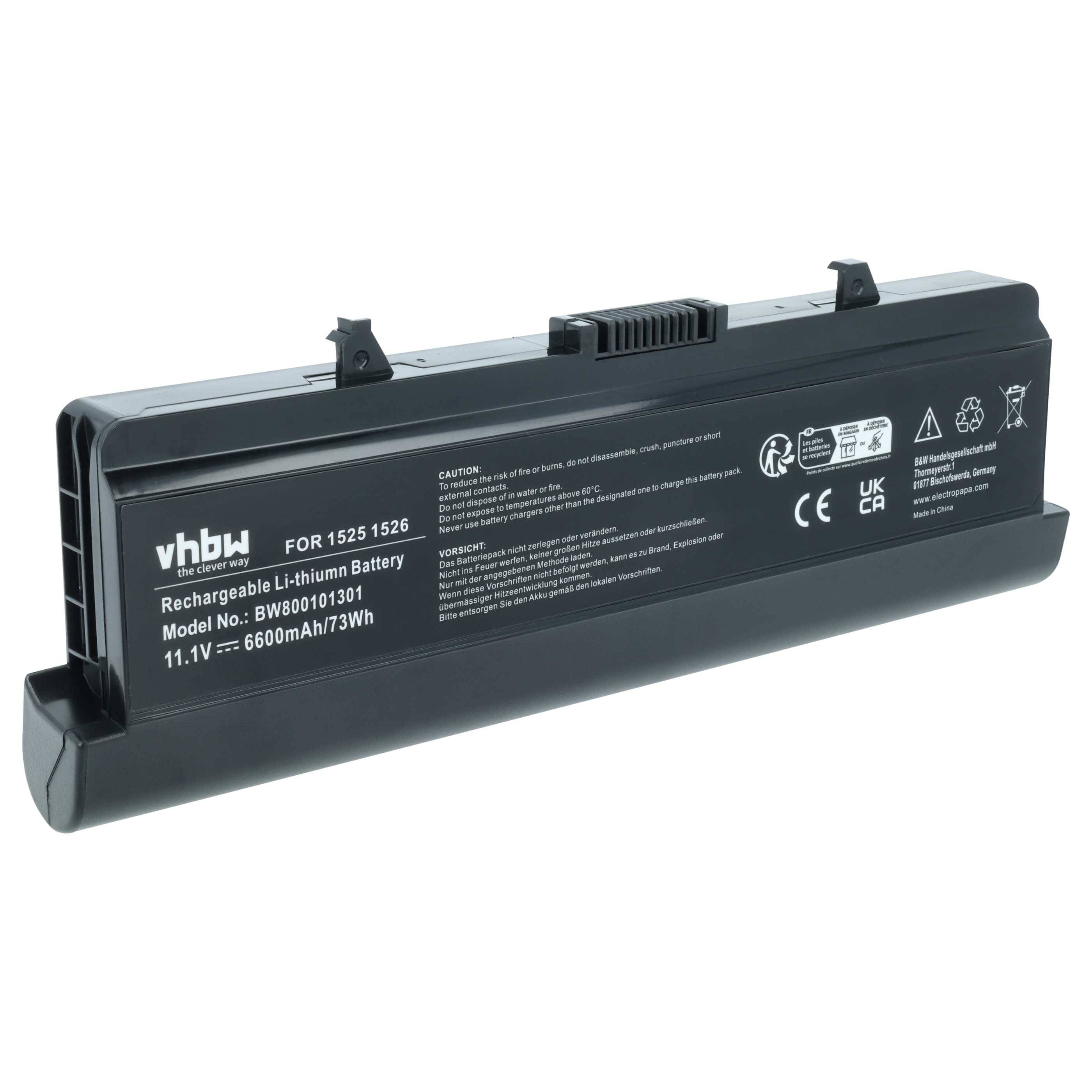 Ein schwarzer wiederaufladbarer Lithium-Akku für die Modelle 1525 1526, 11,1V, 6600mAh, 73Wh. Marke: vhbw. Konformitätskennzeichnungen auf dem Gehäuse.