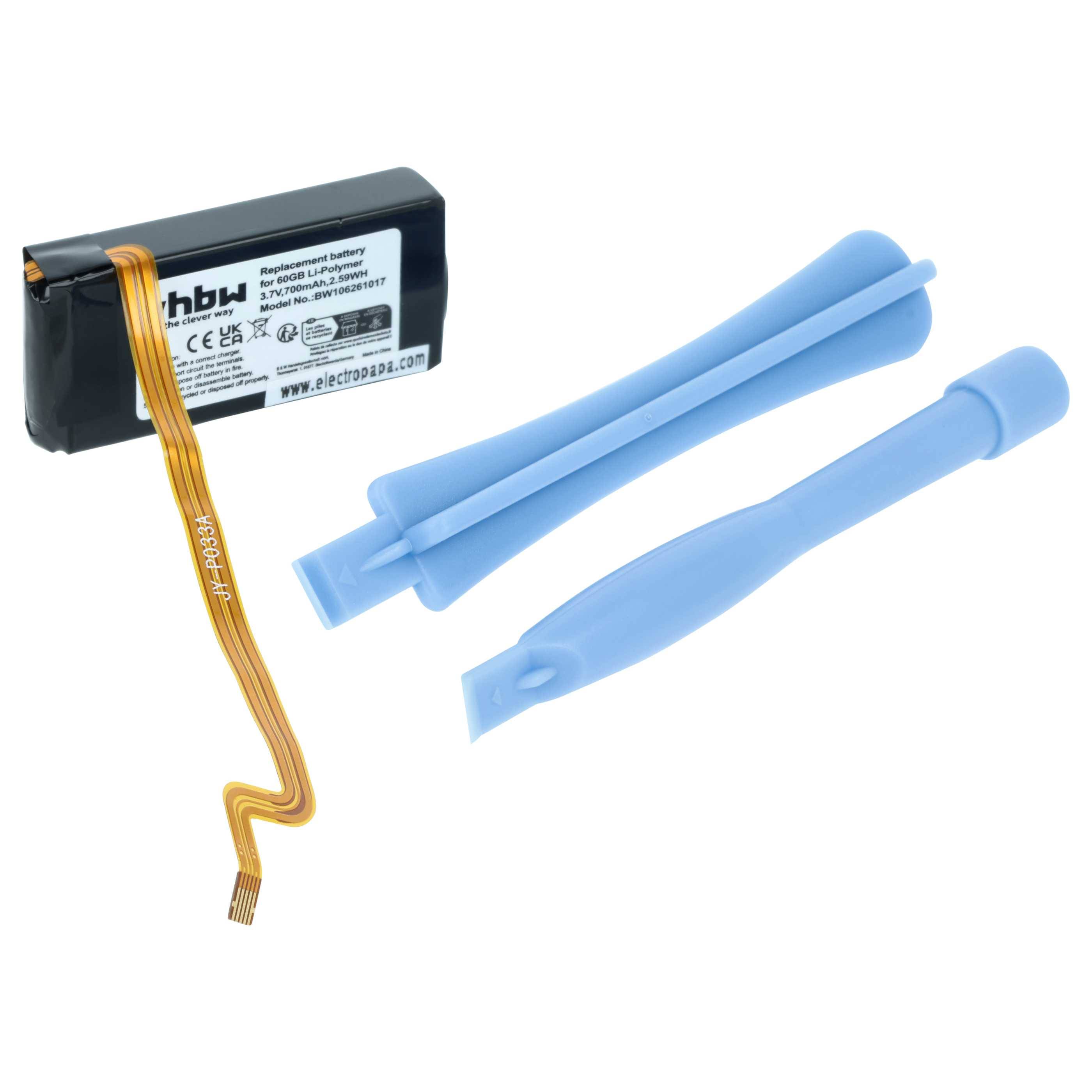 Batteriewechselset mit einem Lithium-Ionen-Akku und zwei blauen Kunststoffwerkzeugen zum Zerlegen von elektronischen Geräten.