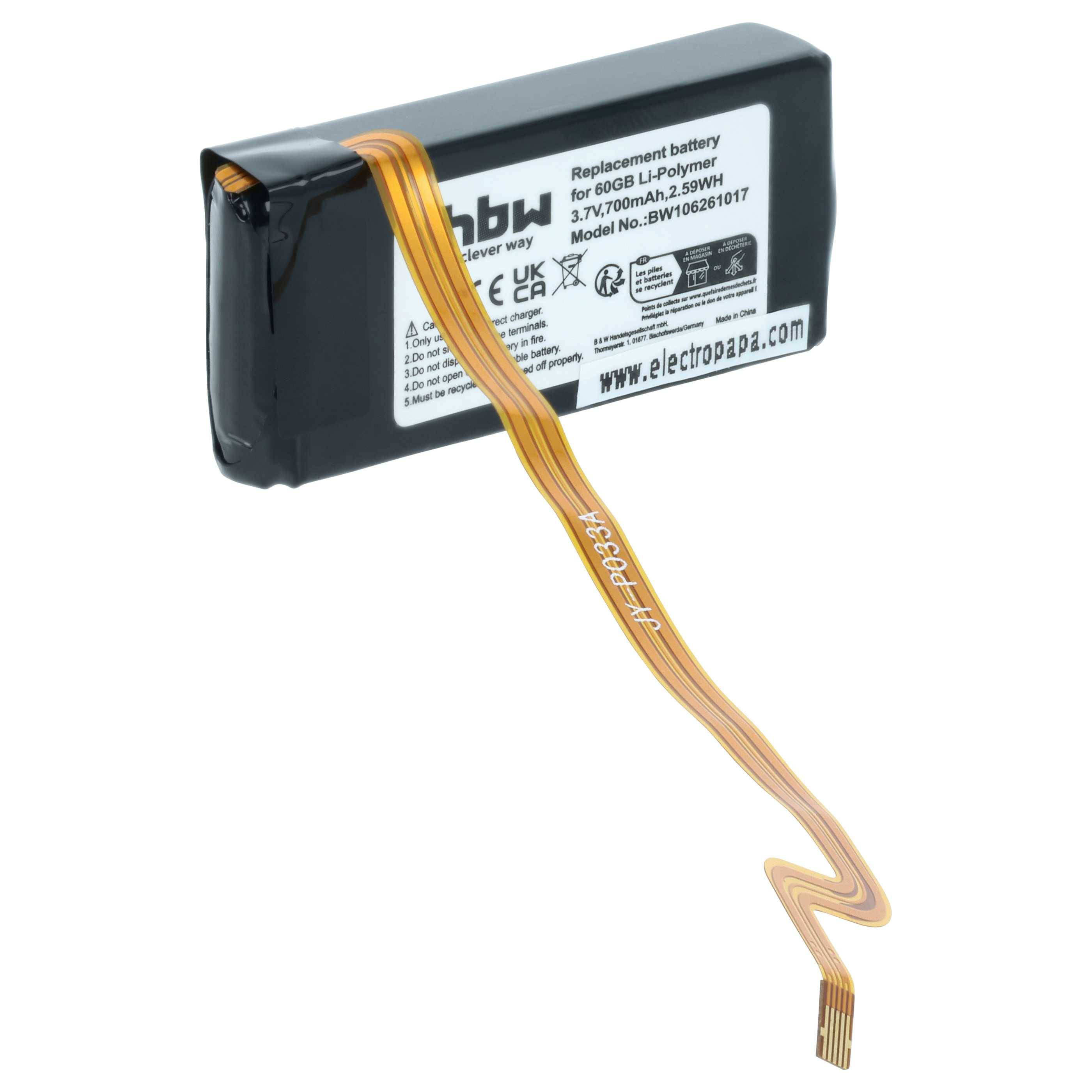 Ein schwarzer wiederaufladbarer Akku für Bosch-Geräte mit umwickelten Kabeln und einem Etikett mit Spezifikationen: 3,7V, 2000mAh.