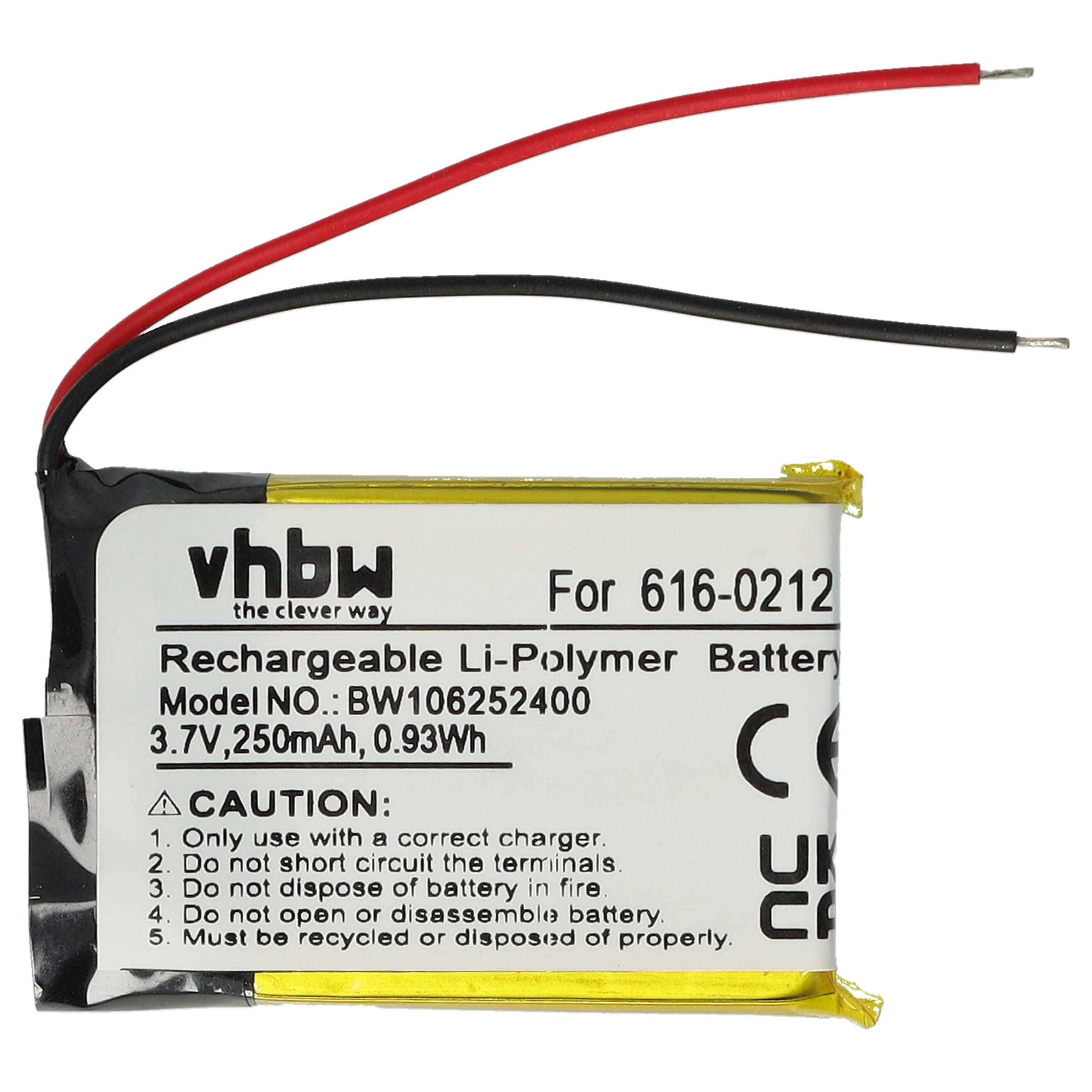 vhbw Wiederaufladbare Li-Polymer-Batterie, Modell-Nr.: BW106252400, 3,7V, 250mAh, 0,93Wh. Vorsicht: Verwenden Sie nur das richtige Ladegerät, verursachen Sie keinen Kurzschluss, entsorgen Sie die Batterie sachgemäß.