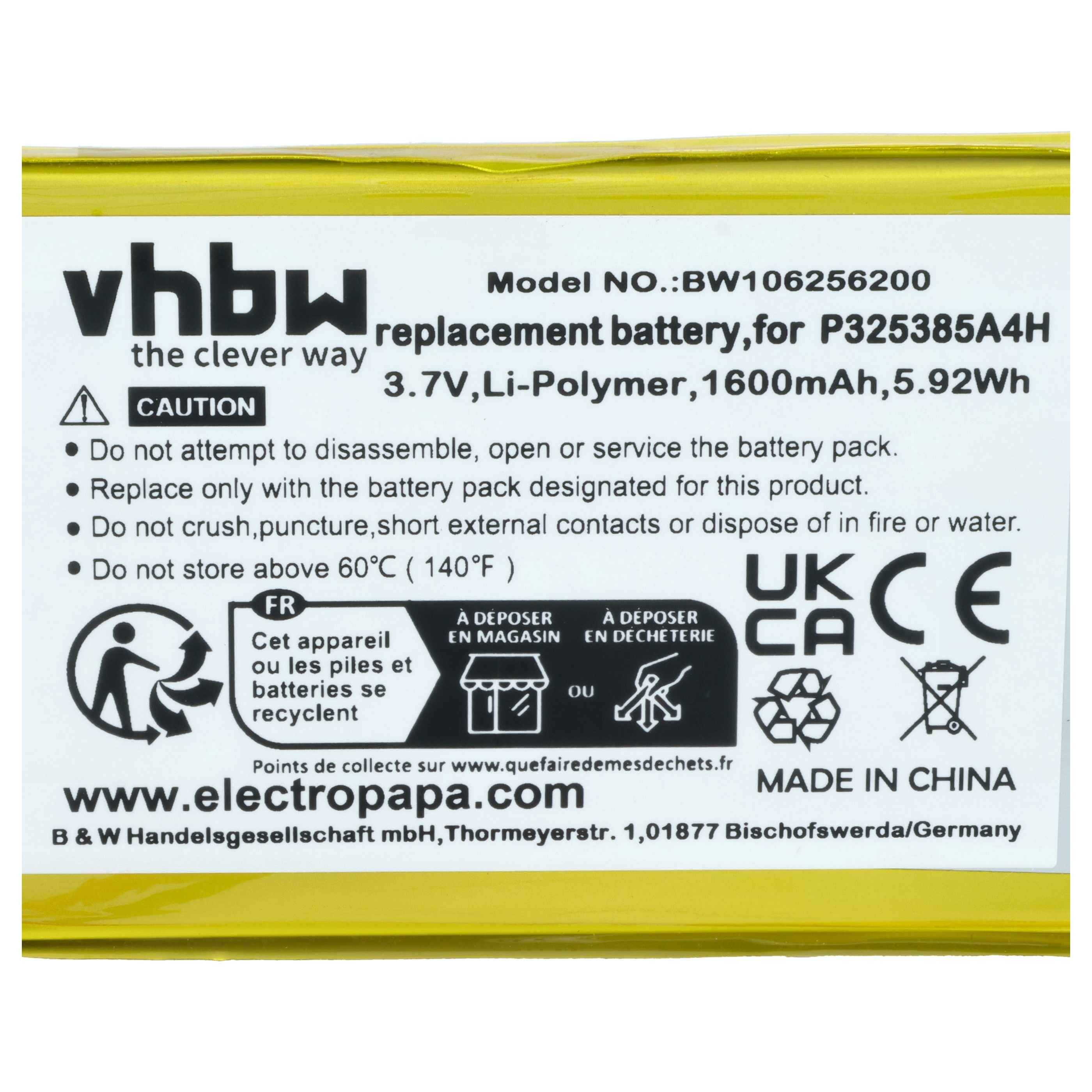 Etikett auf einem vhbw Ersatz-Akkupack, Modell BW106256200, 3,7V Li-Polymer 1600mAh; zeigt Sicherheitswarnungen, Recycling-Symbole und 