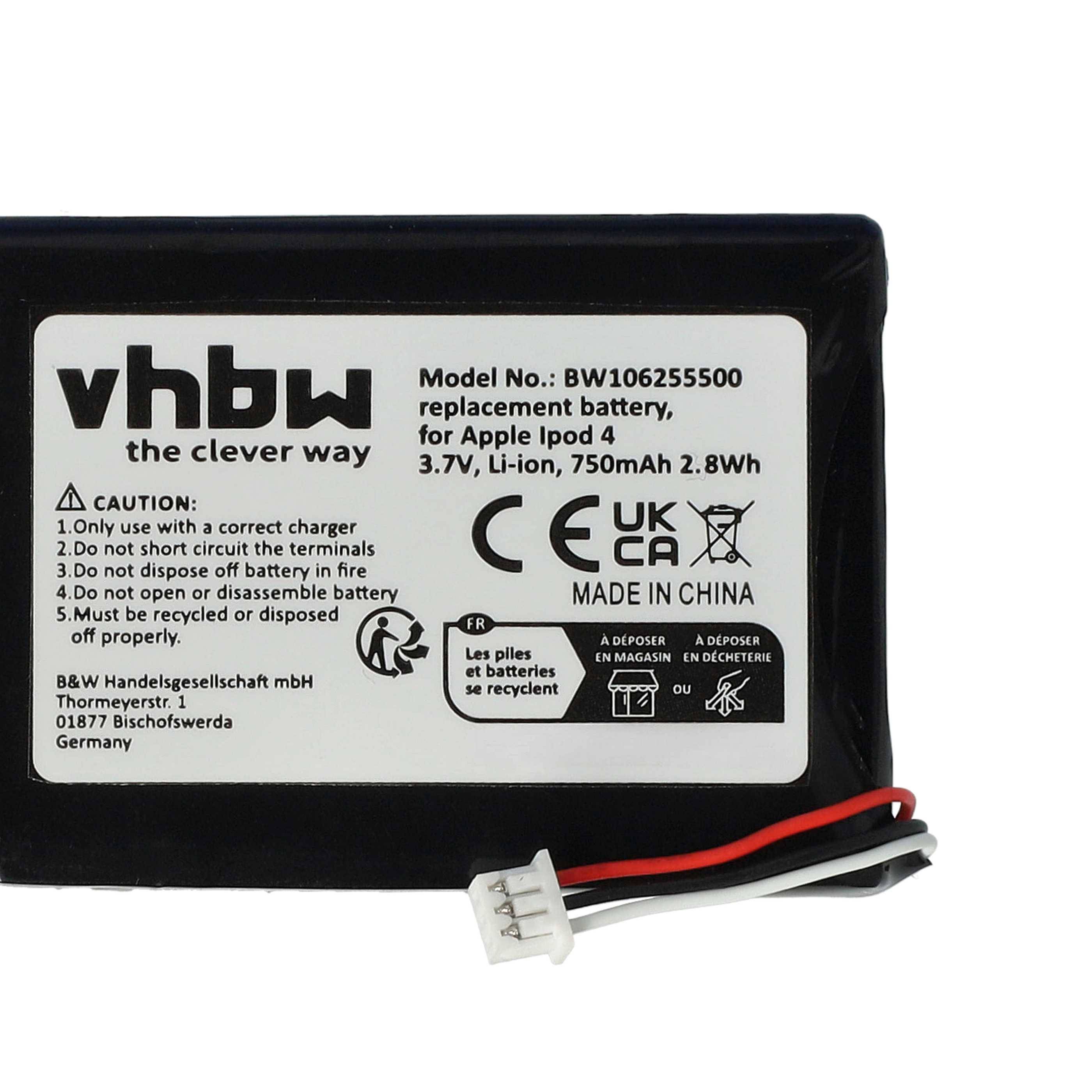 Schwarzer Ersatzakku mit der Bezeichnung vhbw für Apple iPod 4, mit rot-schwarzem Steckverbinder und Sicherheits-/Recycling-Symbolen.