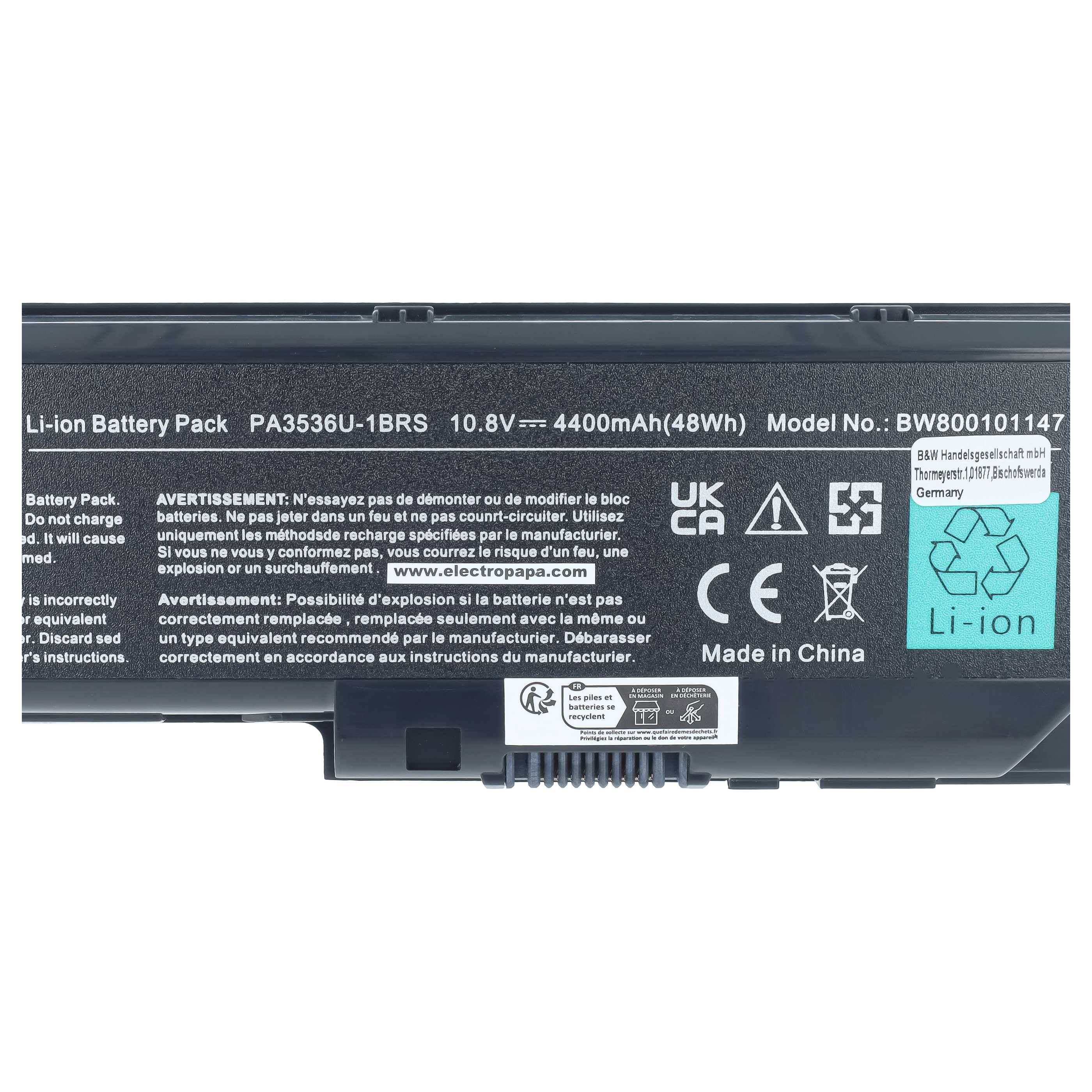 vhbw Akku kompatibel mit Toshiba Equium P200 | Notebook (4400 mAh, 11,1 V, Li-Ion)