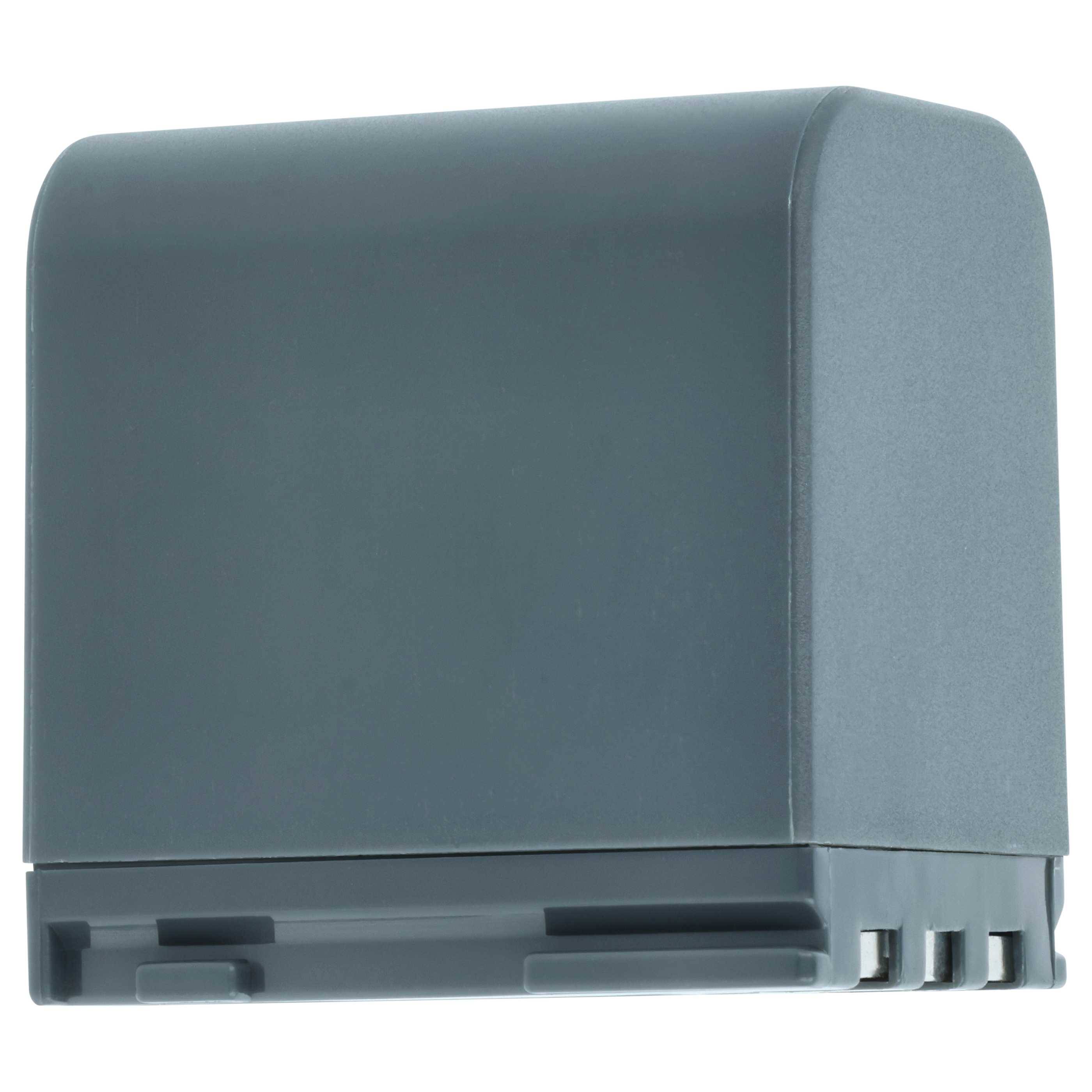 Ein grauer wiederaufladbarer Akkupack, der für elektronische Geräte konzipiert ist und drei Anschlussverbinder an der Basis aufweist.