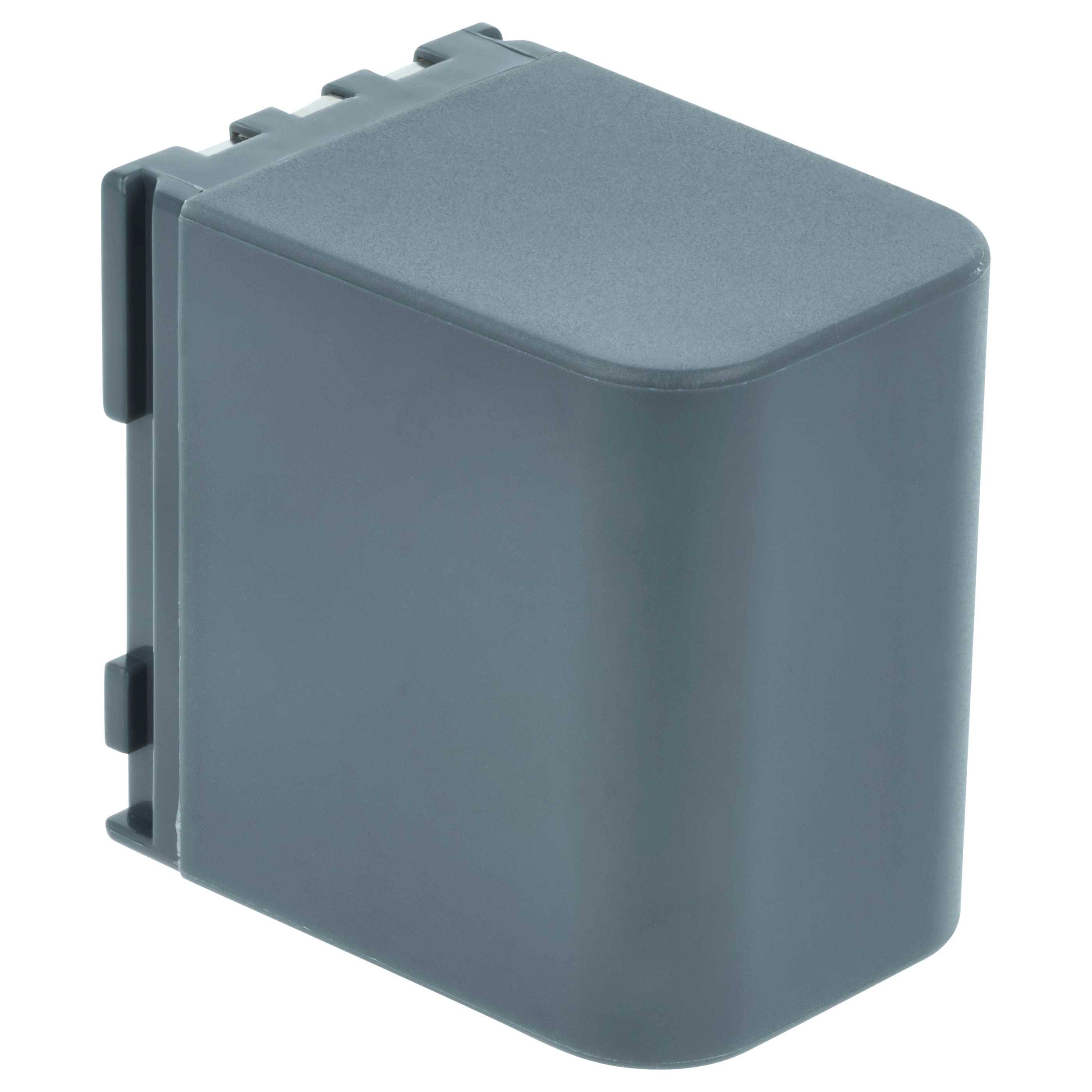 Eine graue, rechteckige Kamerabatterie mit leicht gewölbter Oberkante und einem Anschluss an der Seite.