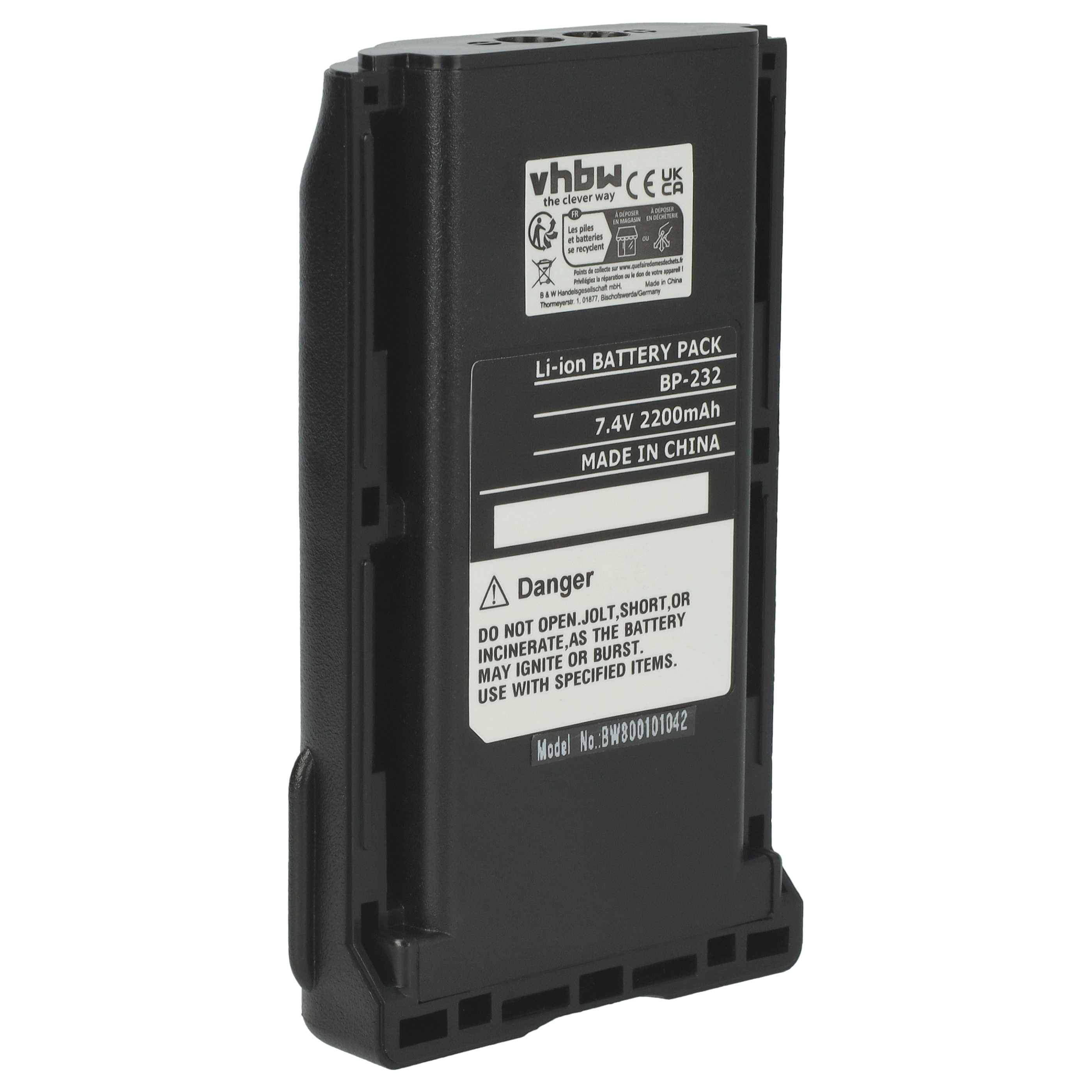 Lithium-Ionen-Akkupack, Modell BP-232, 7,4V, 2200mAh. Warnhinweis auf dem Etikett: „Nicht öffnen, kurzschließen oder verbrennen. Kann sich entzünden oder explodieren.