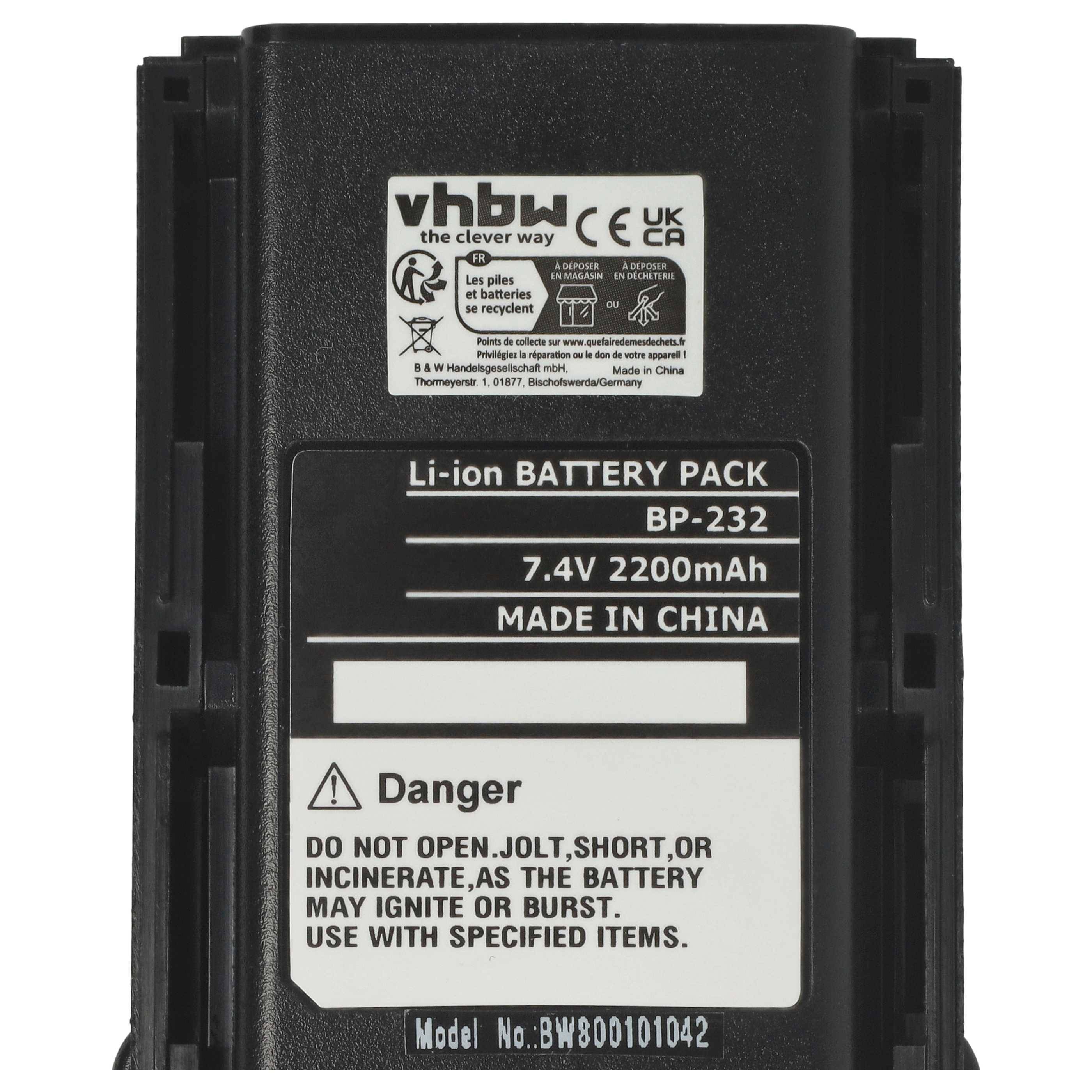 vhbw Akku kompatibel mit Icom IC-F44GS, IC-F44GT Funkgerät, Walkie Talkie (2200 mAh, 7,4 V, Li-Ion)