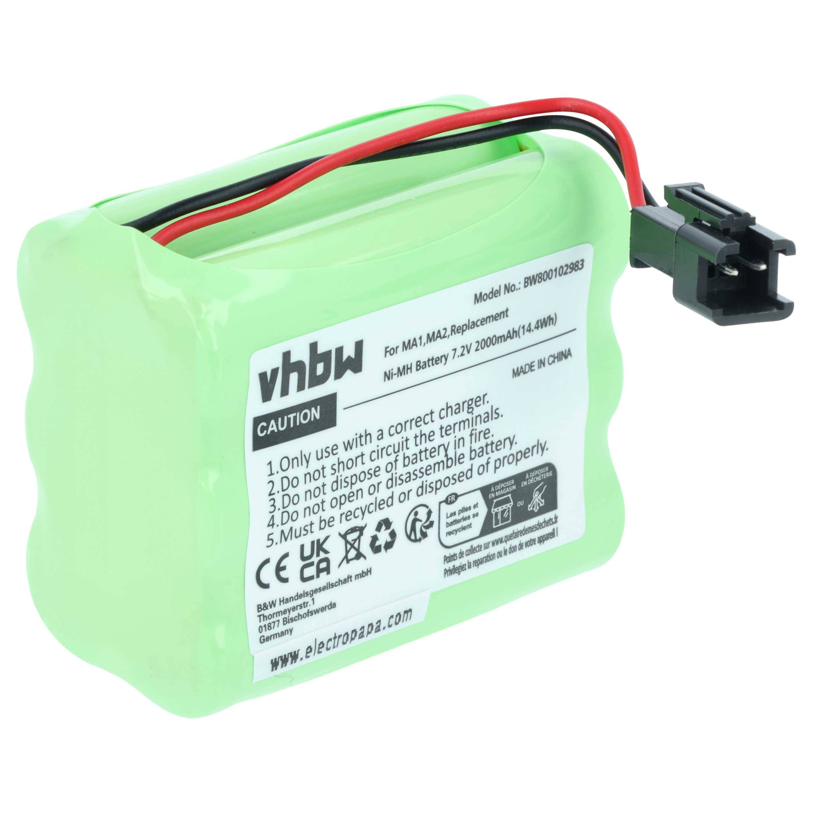 Eine grüne wiederaufladbare Batterie mit der Bezeichnung 'vhbw' mit Warnhinweisen: Nur spezifisches Ladegerät verwenden, keine Schaltungsmanipulation, vorschriftsmäßige Entsorgung erforderlich.