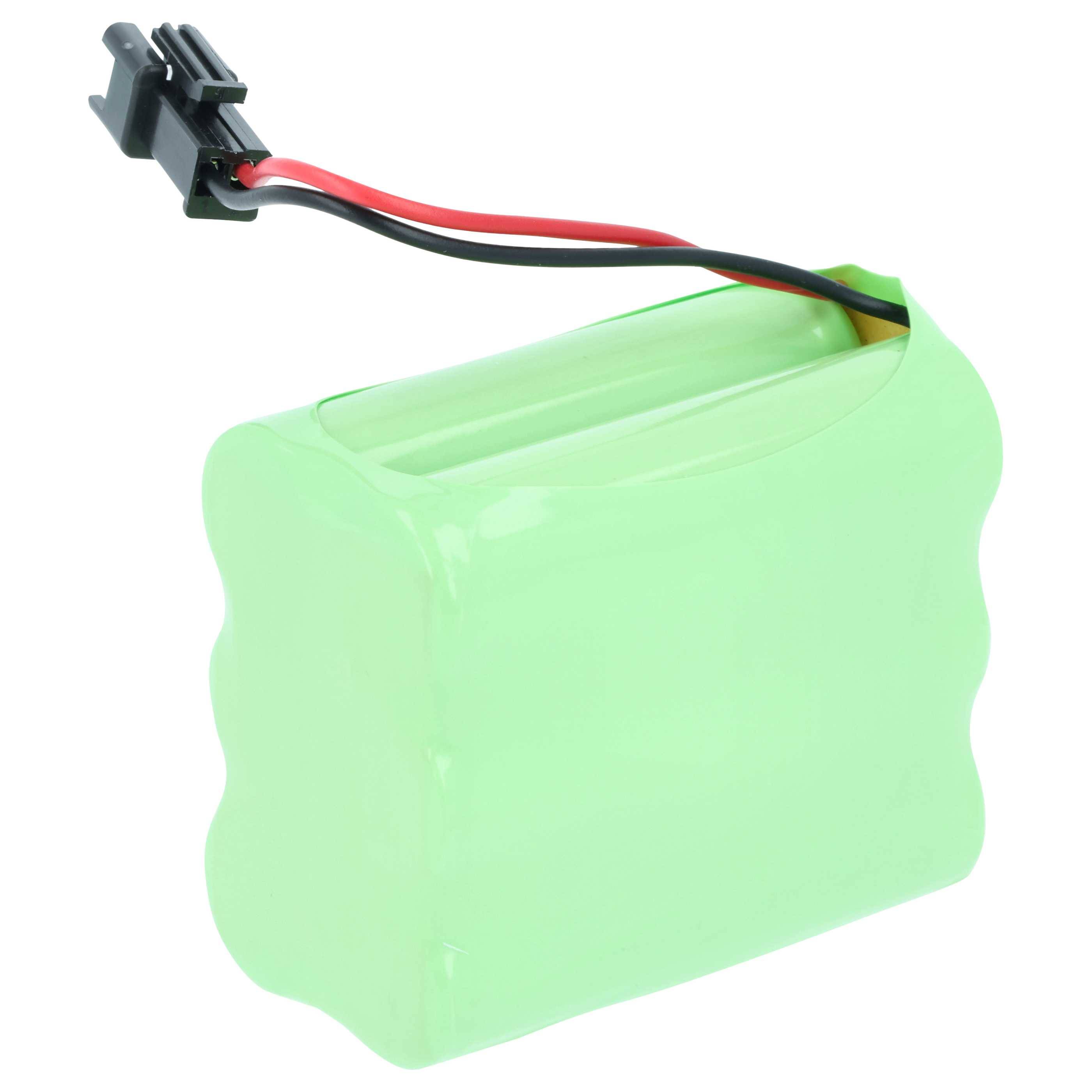 Ein grüner Akkupack mit zwei schwarzen und roten Kabeln, die von der Oberseite abstehen, zur Stromversorgung elektronischer Geräte.