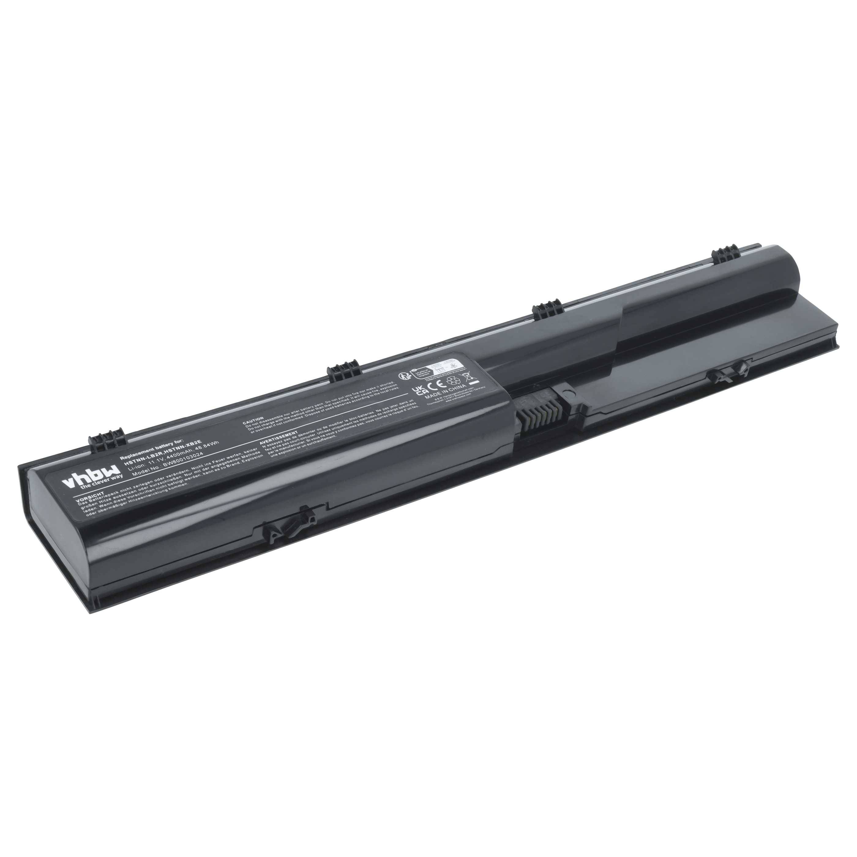Eine schwarze wiederaufladbare Laptop-Batterie mit aufgedruckten Spezifikationen und Zertifizierungssymbolen auf ihrer Oberfläche.