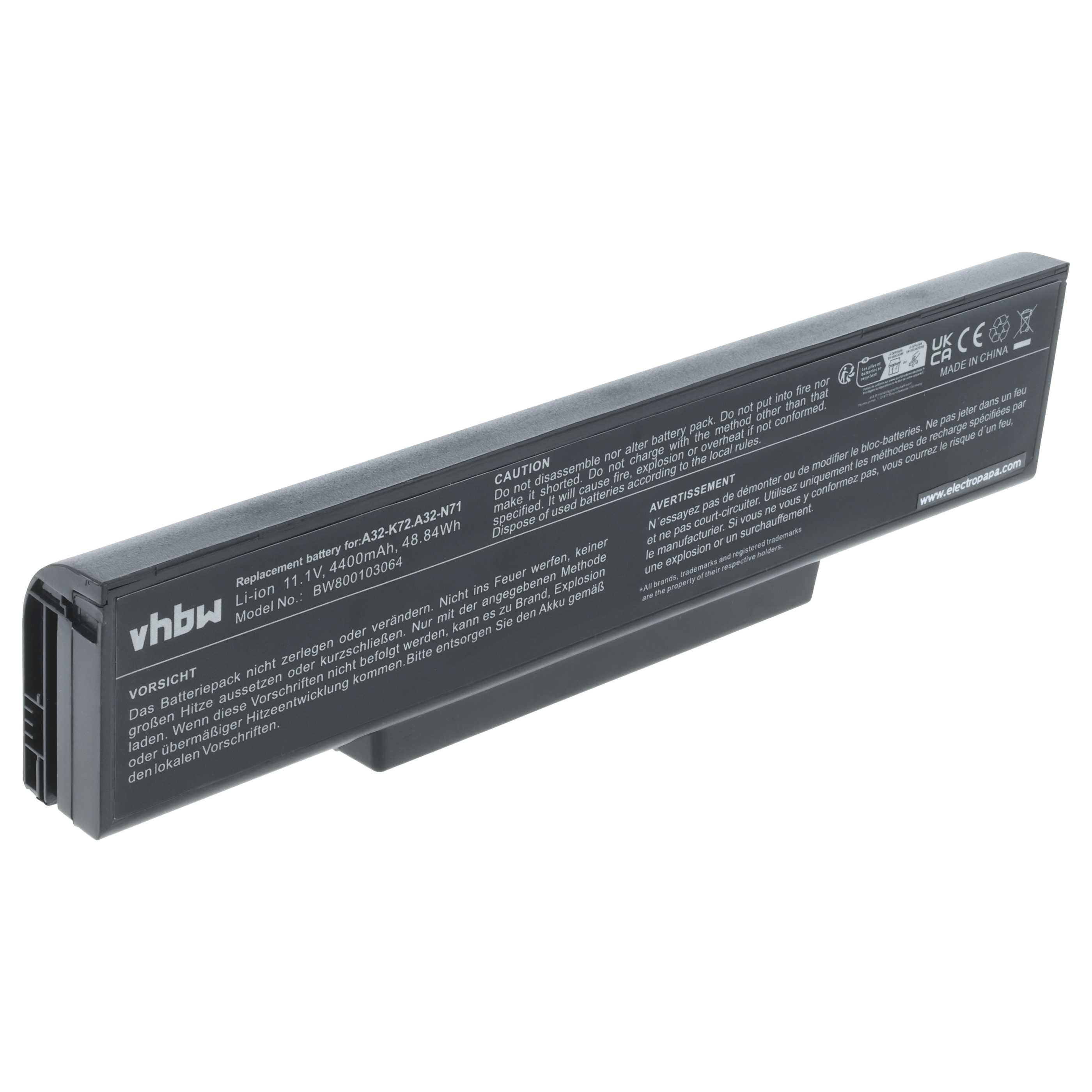 Schwarze Laptop-Batterie für A32-K72-Modelle, 4400mAh, 48Wh mit Sicherheitshinweisen und Markentexten auf der Oberfläche.