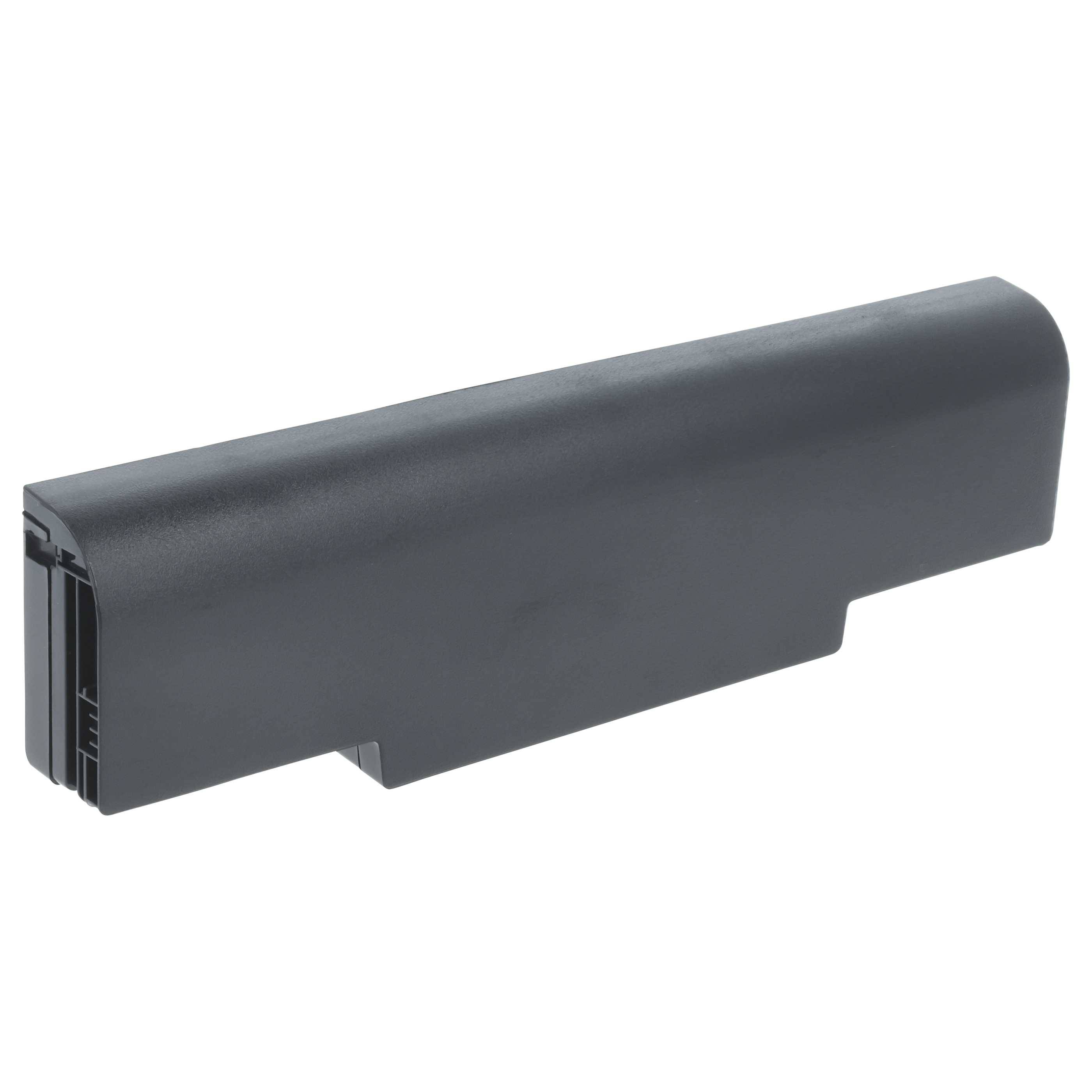 Eine schwarze Laptopbatterie mit rechteckiger Form, entwickelt für einen Notebook-Computer. Sie verfügt über Anschlusspunkte an einer Seite.