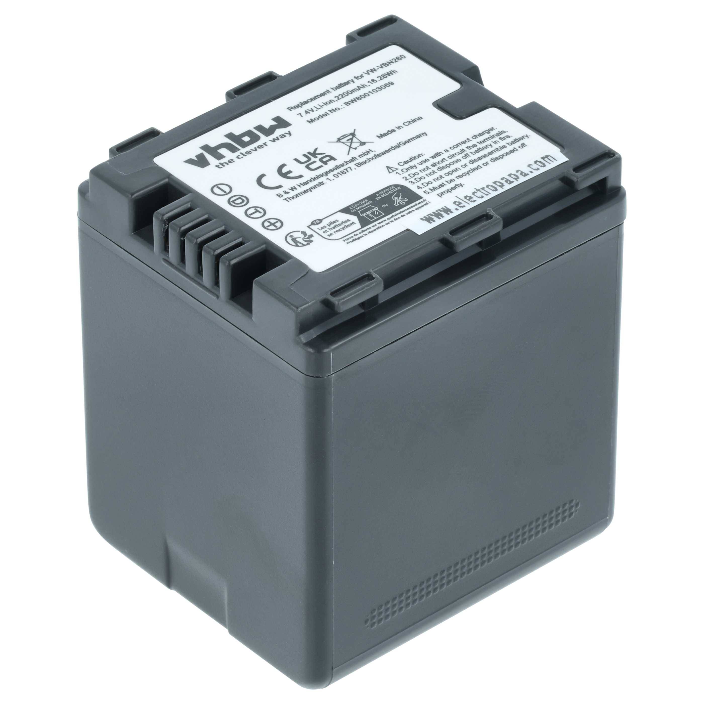 Eine schwarze rechteckige Batterie mit einem weißen Etikett, das technische Spezifikationen, CE-Kennzeichnungen und einen Strichcode der Marke 'vhbw' zeigt.