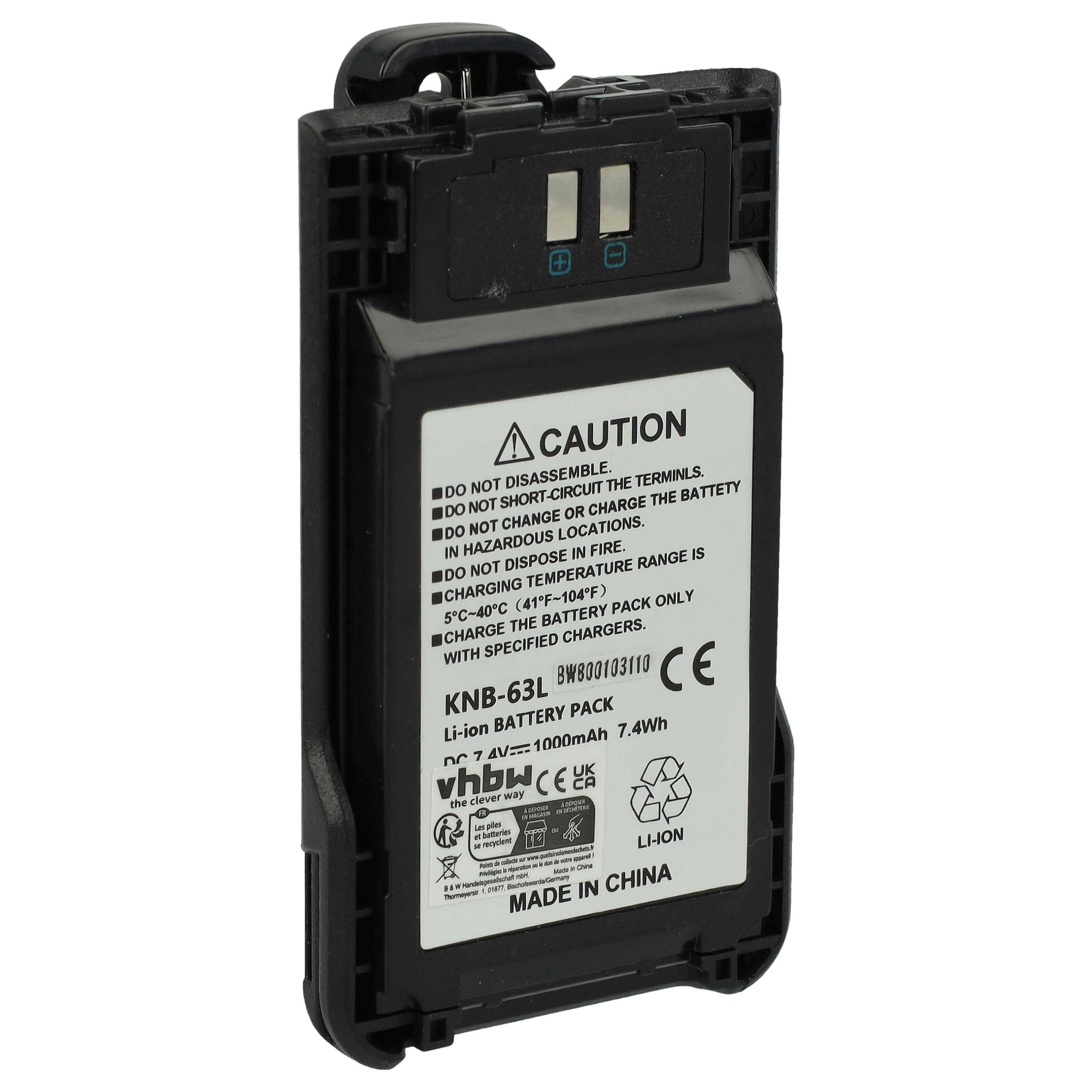 vhbw Akku Ersatz für Kenwood KNB-63L, KNB-65L für Funkgerät, Walkie Talkie (1000 mAh, 7,4 V, Li-Ion) + Gürtelclip