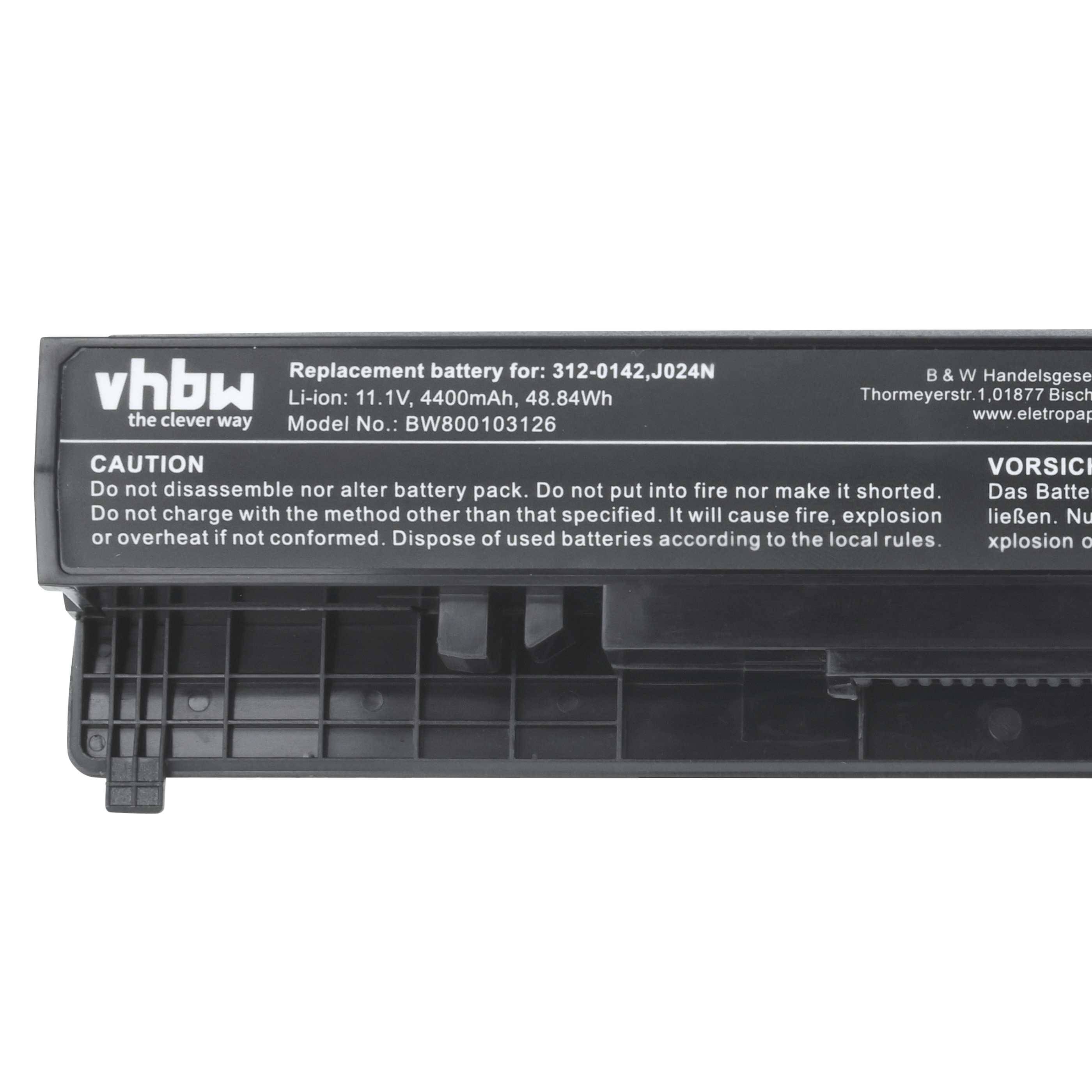 Batterie mit Bezeichnung 'vhbw', Modell BW800103126, 11,1V, 4400mAh, 48,4Wh. Vorsicht: Nicht zerlegen, verbrennen oder Hitze aussetzen.