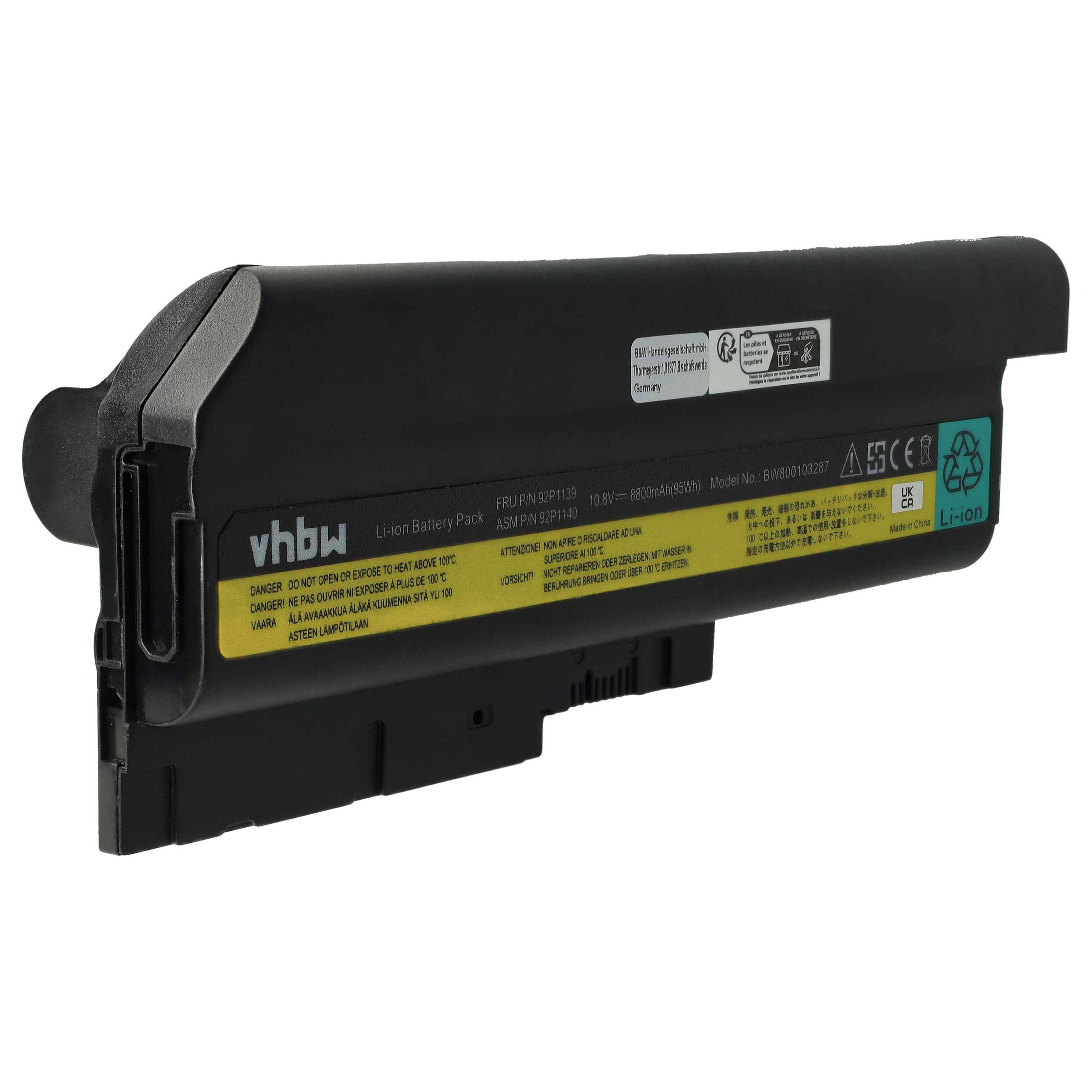 Eine schwarze vhbw Lithium-Ionen-Laptop-Batterie mit einem gelben Etikett, das Spezifikationen anzeigt, kompatibel mit bestimmten Dell-Modellen.
