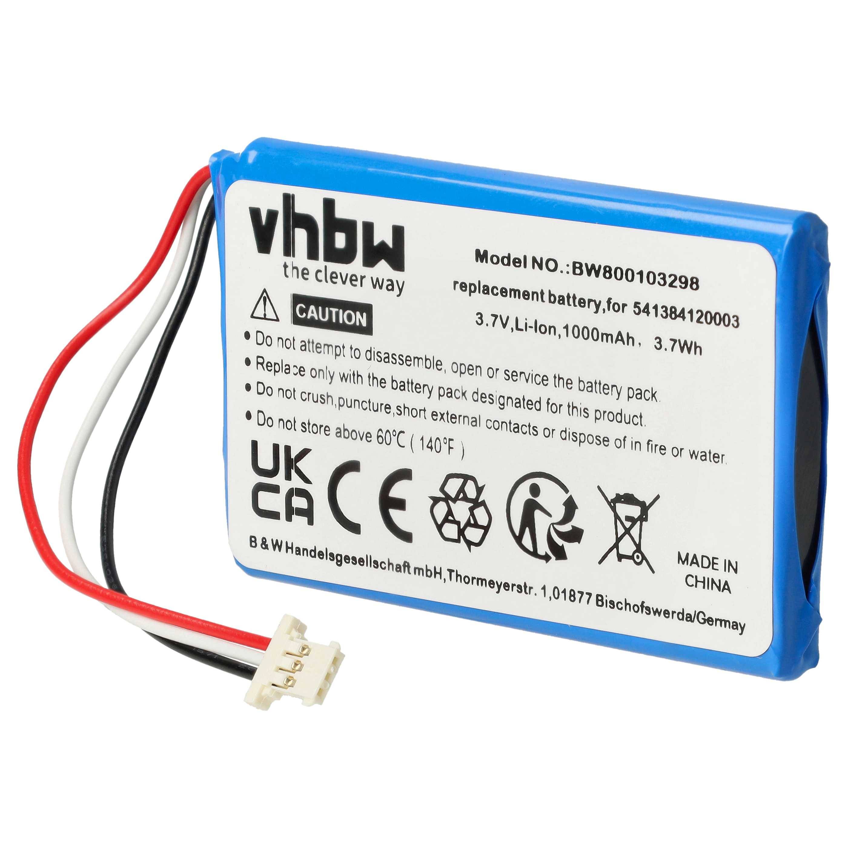vhbw' wiederaufladbarer Li-Ionen-Akku, 3,7V, 10.000mAh. Weiße Markenbezeichnung mit blauem Gehäuse, Warnhinweise und Anschlussdrähte sichtbar.
