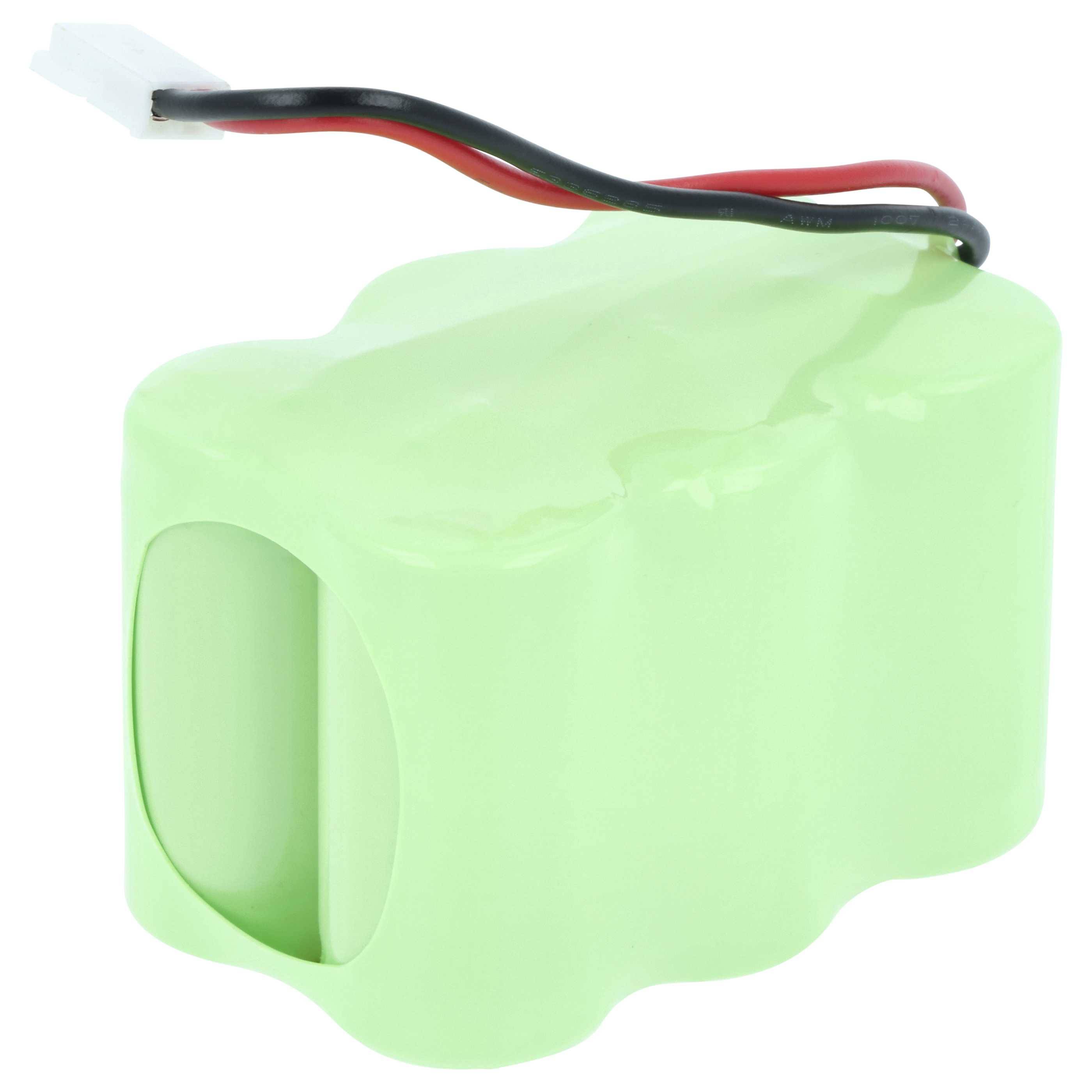 Ein grüner wiederaufladbarer Akkupack mit zwei Kabeln (schwarz und rot), der häufig in elektronischen Geräten zur Stromversorgung verwendet wird.