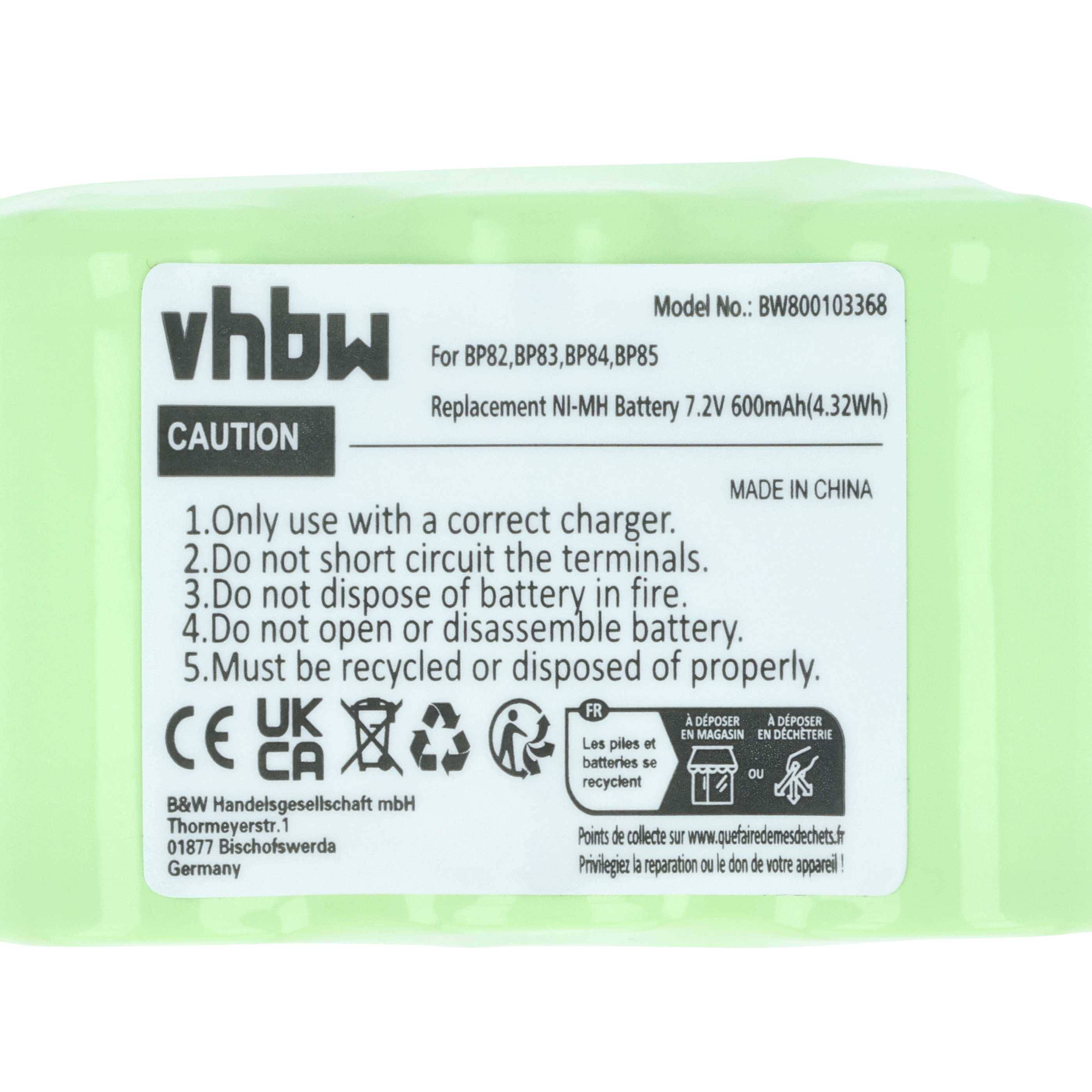 Grüne Batterie mit Textaufschrift: 'vhbw Vorsicht. Verwenden Sie das richtige Ladegerät. Nicht kurzschließen, entsorgen oder zerlegen. Hergestellt in China.