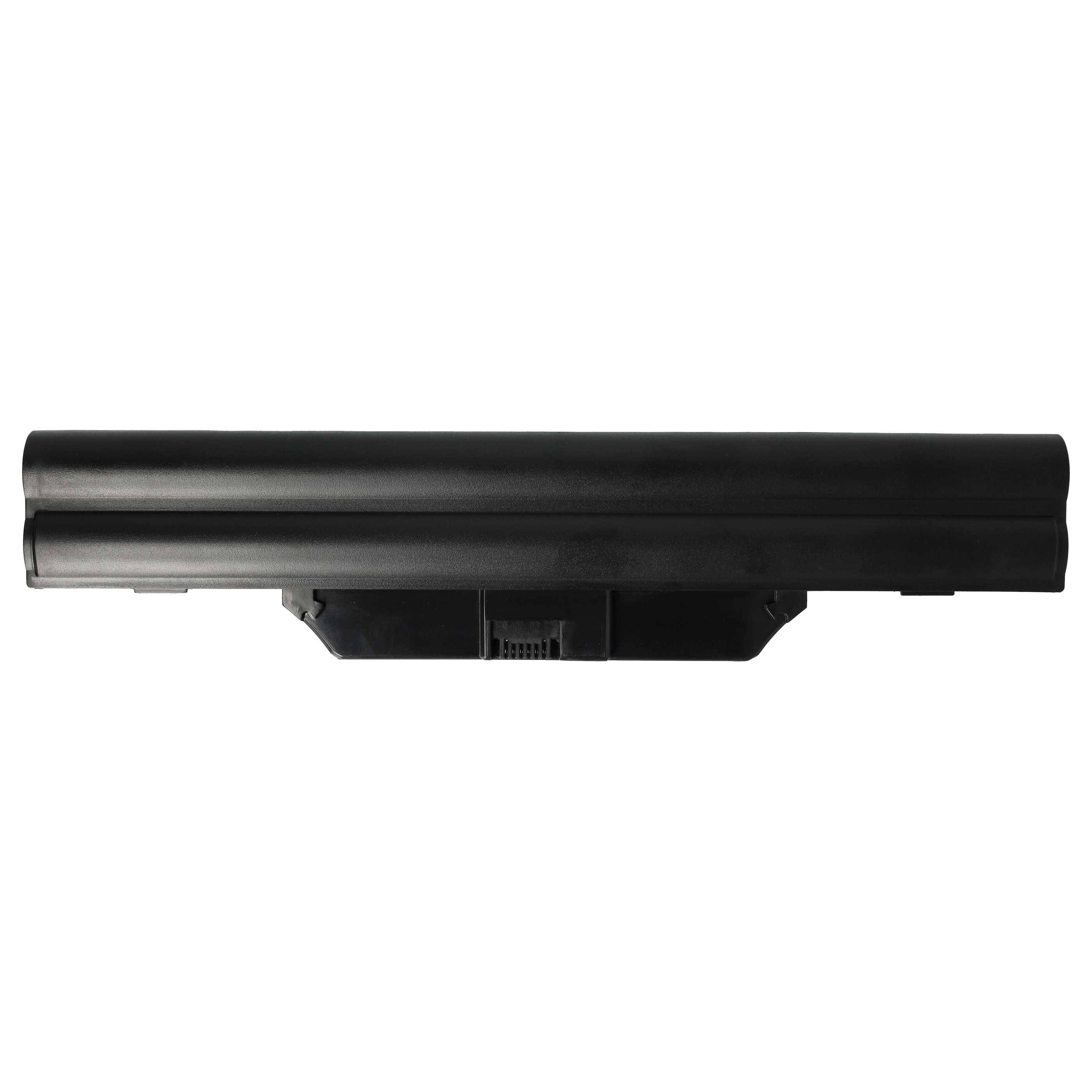 Eine schwarze Laptop-Batterie auf weißem Hintergrund, von oben betrachtet, mit glatter zylindrischer Form und Anschluss an der Unterseite.