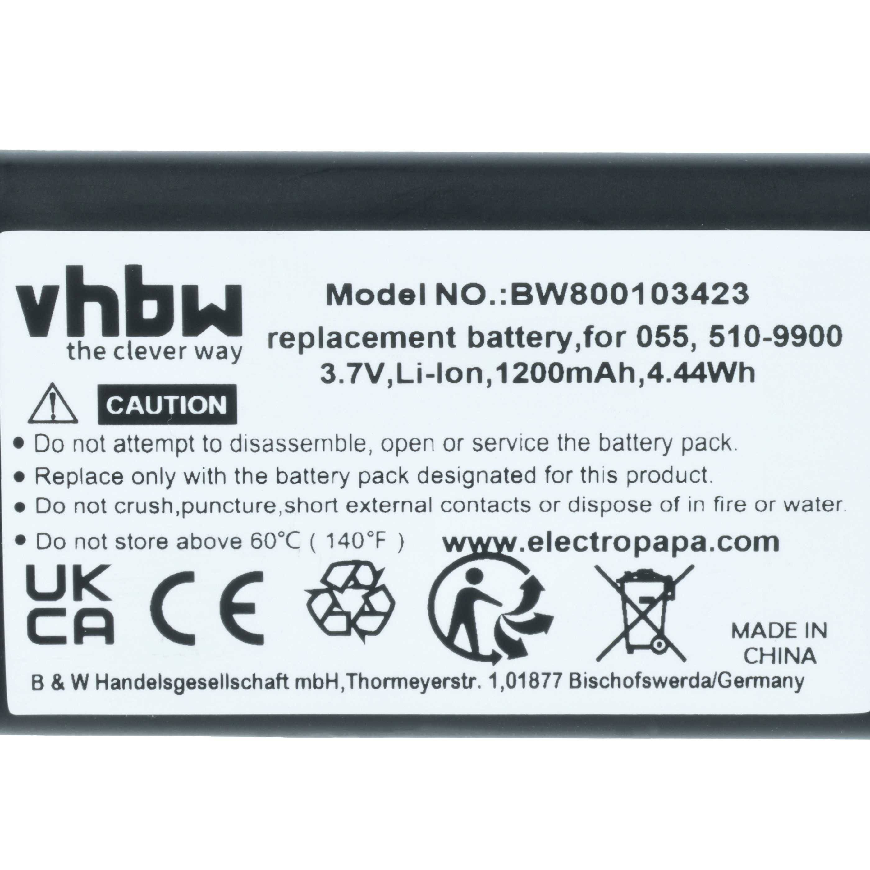 Batterieaustausch für 055, 510-9900, 3,7V, Li-Ion, 1200mAh, 4,44Wh. Vorsicht: Anweisungen befolgen, Beschädigungen vermeiden. www.electropapa.com.