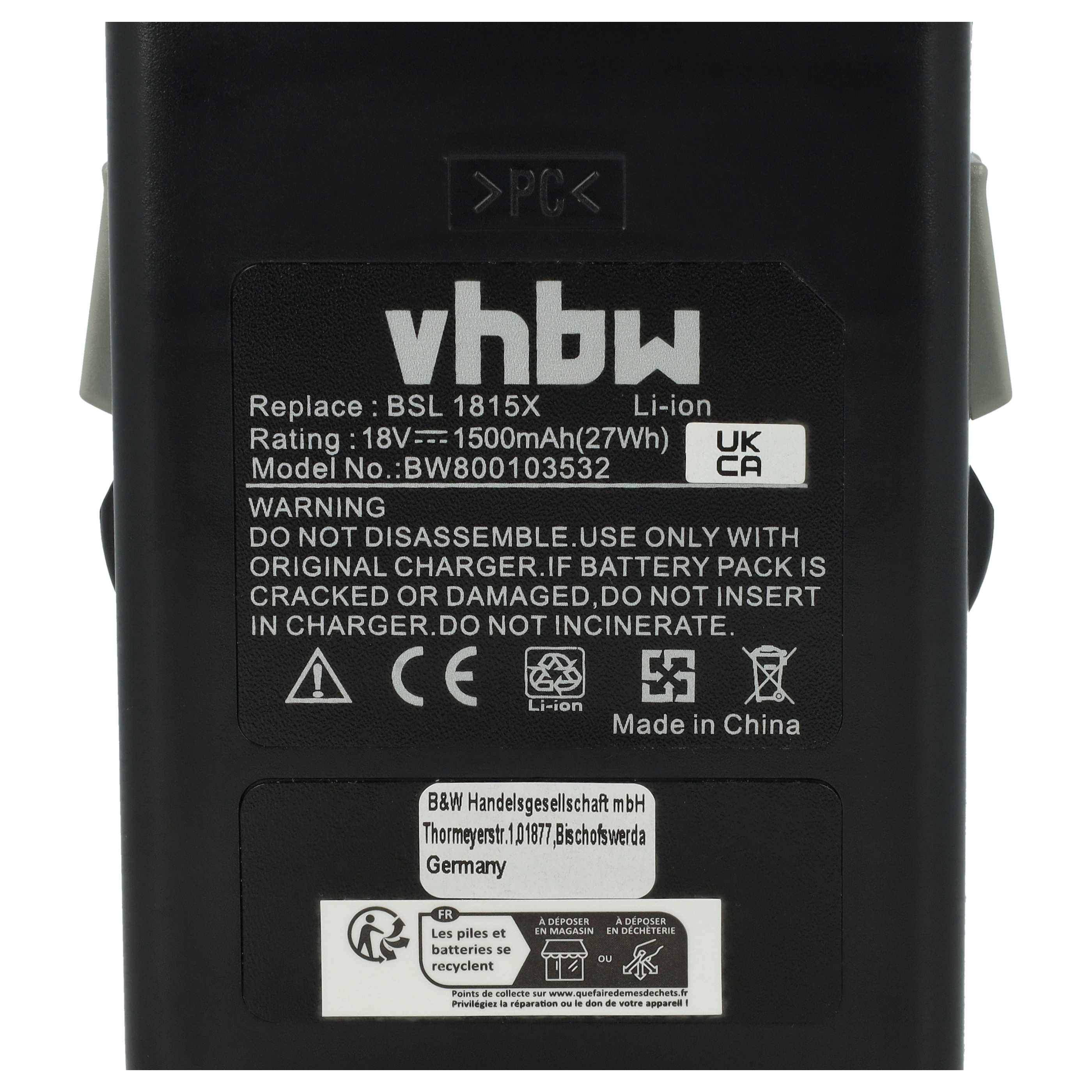 vhbw Akku kompatibel mit Hitachi Hikoki WR 18DSHL, WR 18DBDL Werkzeug (1500 mAh, Li-Ion, 18 V)
