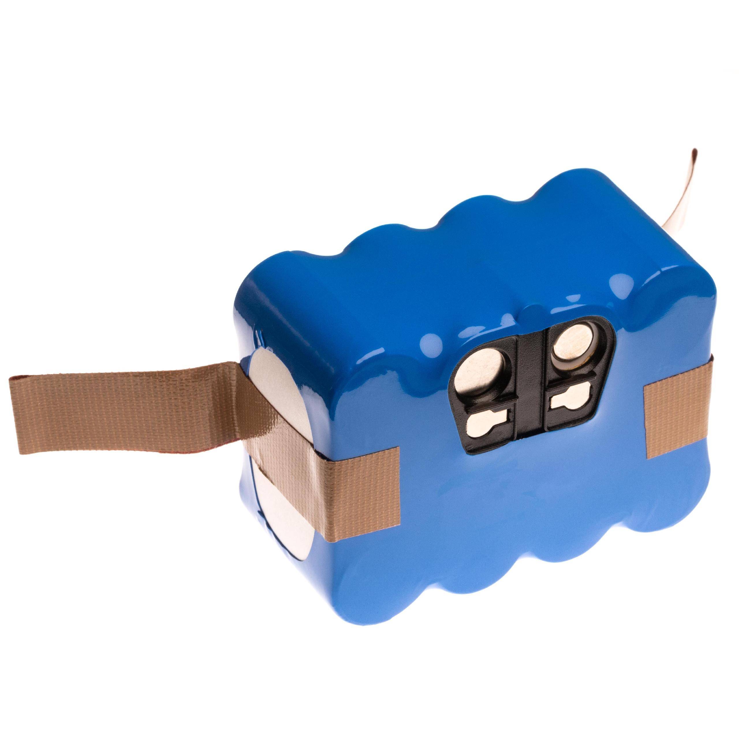 Ein blauer Batteriepack, der auf beiden Seiten mit braunem Klebeband gesichert ist und zwei sichtbare Anschlüsse an der Vorderseite aufweist.