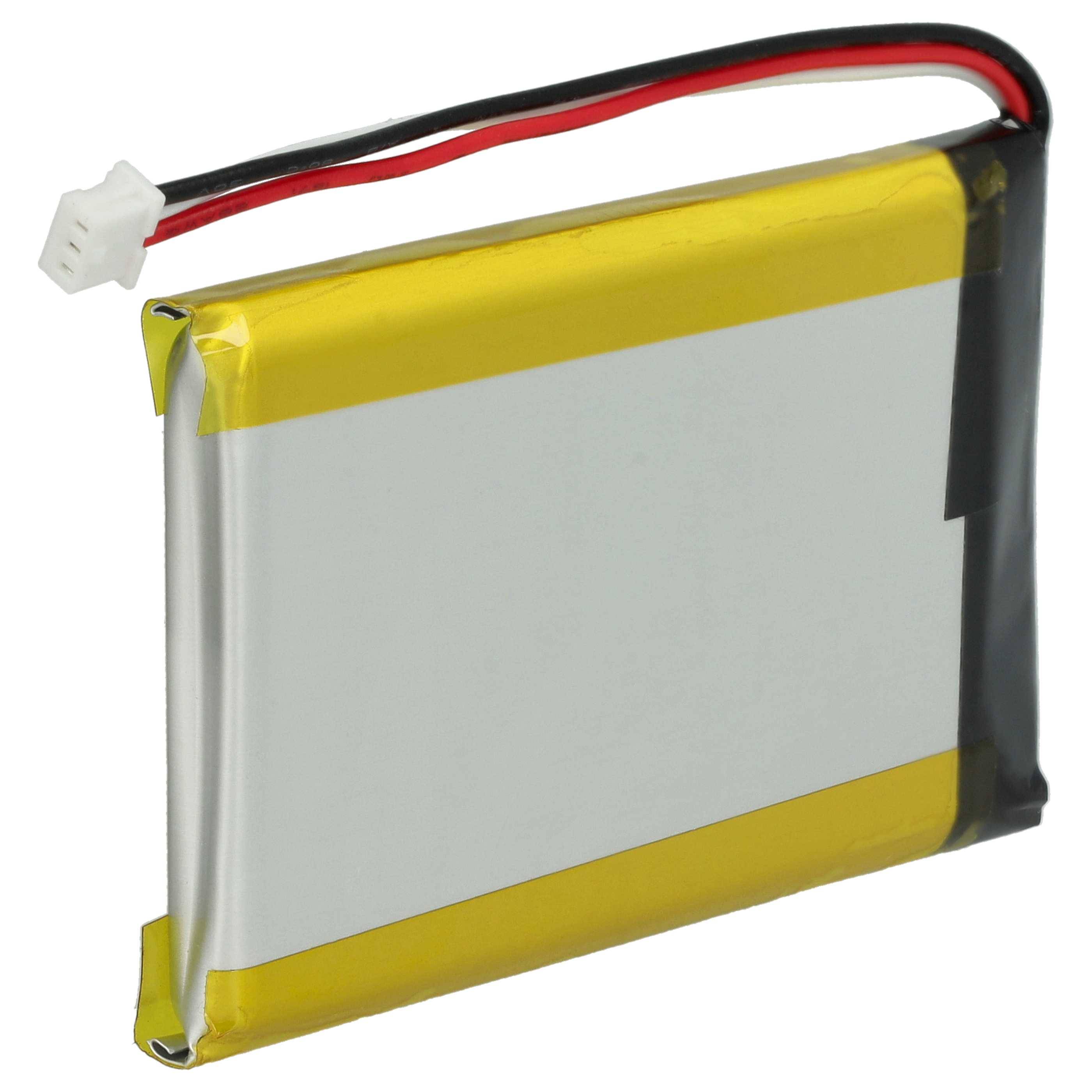 Eine rechteckige Lithium-Polymer-Batterie mit angebrachten roten und schwarzen Kabeln und einem weißen Stecker, die häufig in elektronischen Geräten verwendet wird.