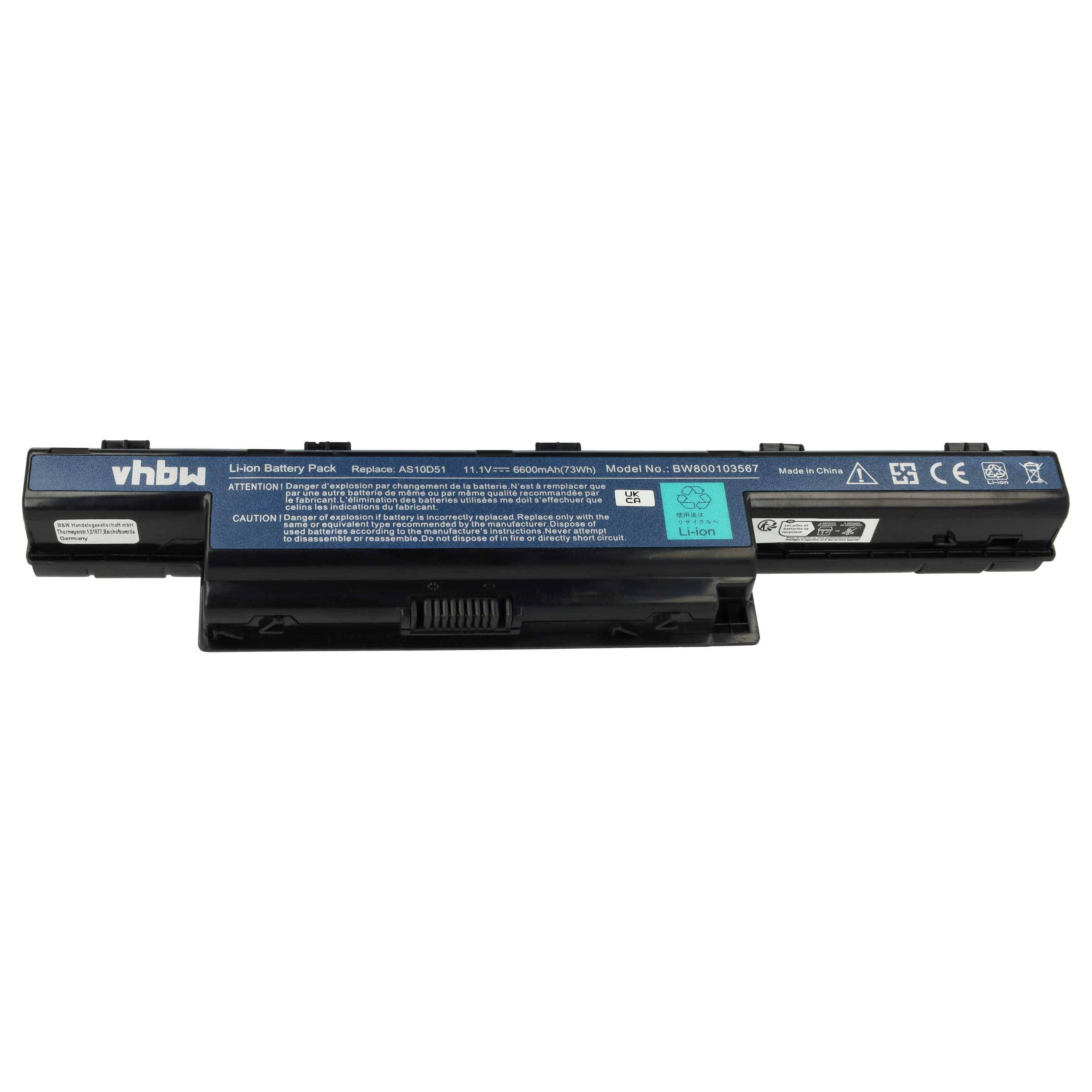 vhbw Akku kompatibel mit Gateway NV79C50u, NV79C51u, NV79C52u, NV79C54uV55C35u Notebook (6600 mAh, 11,1 V, Li-Ion) - Ersatz für 31CR19/652, AS10D31